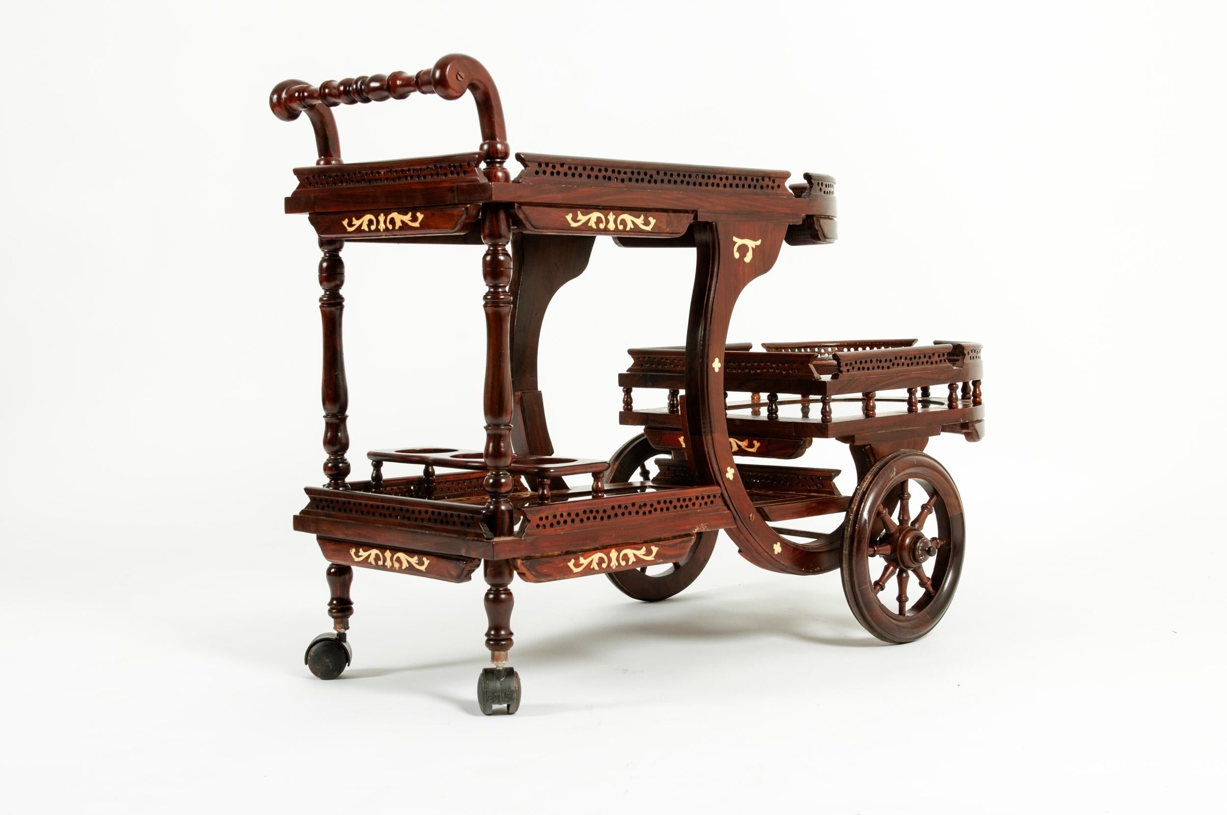 Italian Mid-20th Century Mahogany Inlaid Top Bar Cart