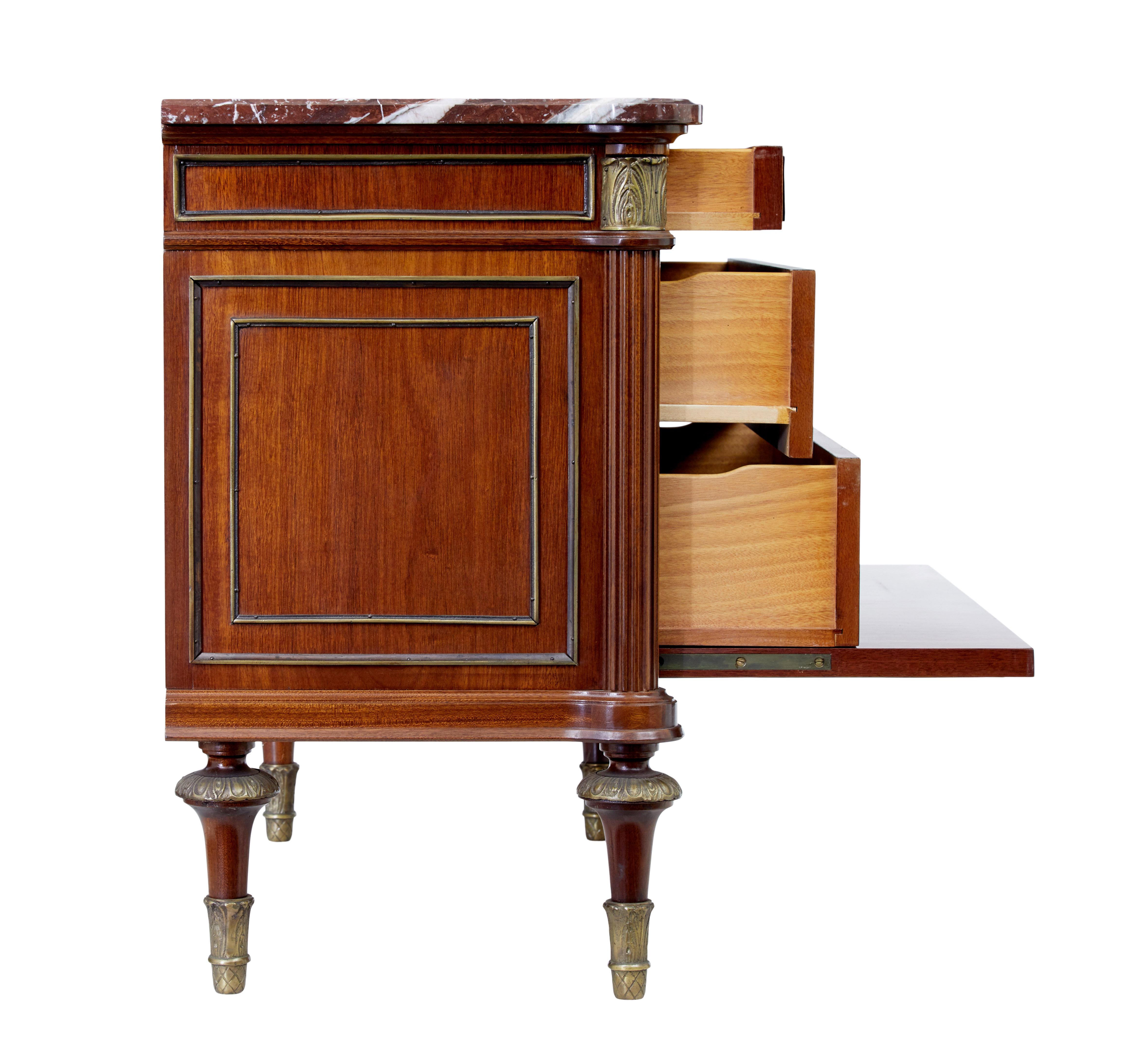 Brass Mid 20th century mahogany marble top chest of drawers For Sale