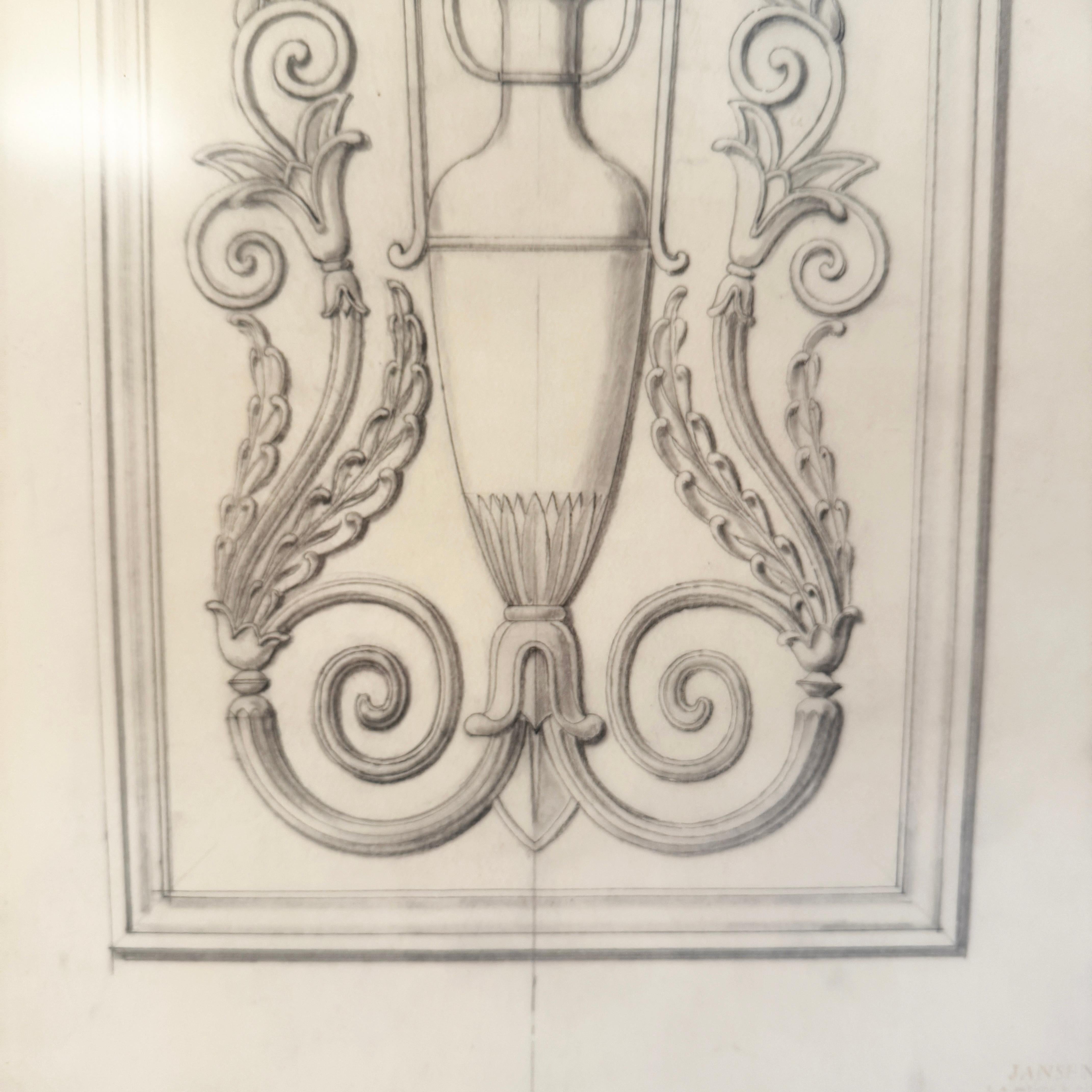 French Mid-20th Century Maison Jansen Architectural Detail Original Pencil Drawing For Sale