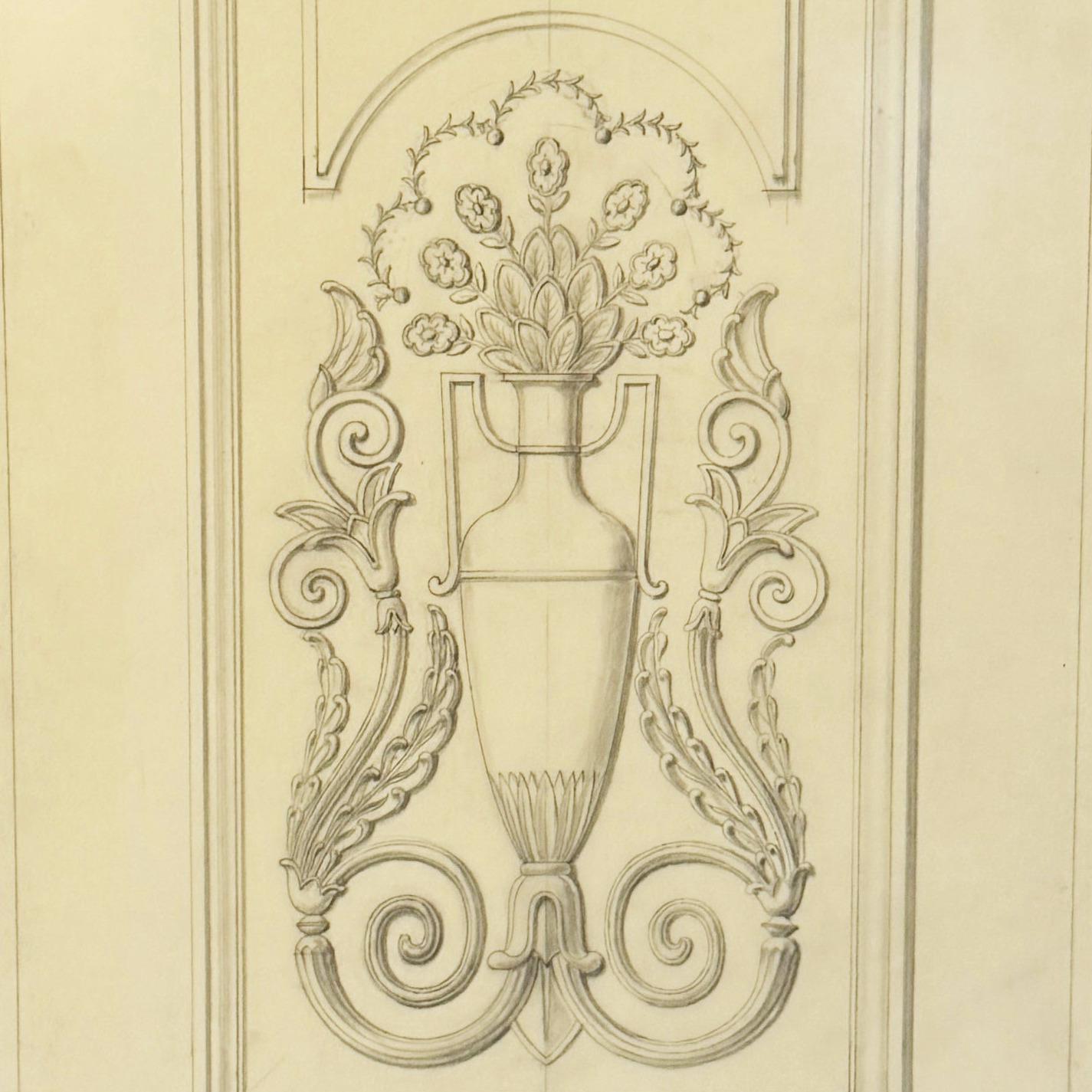 Hand-Painted Mid-20th Century Maison Jansen Architectural Detail Original Pencil Drawing For Sale