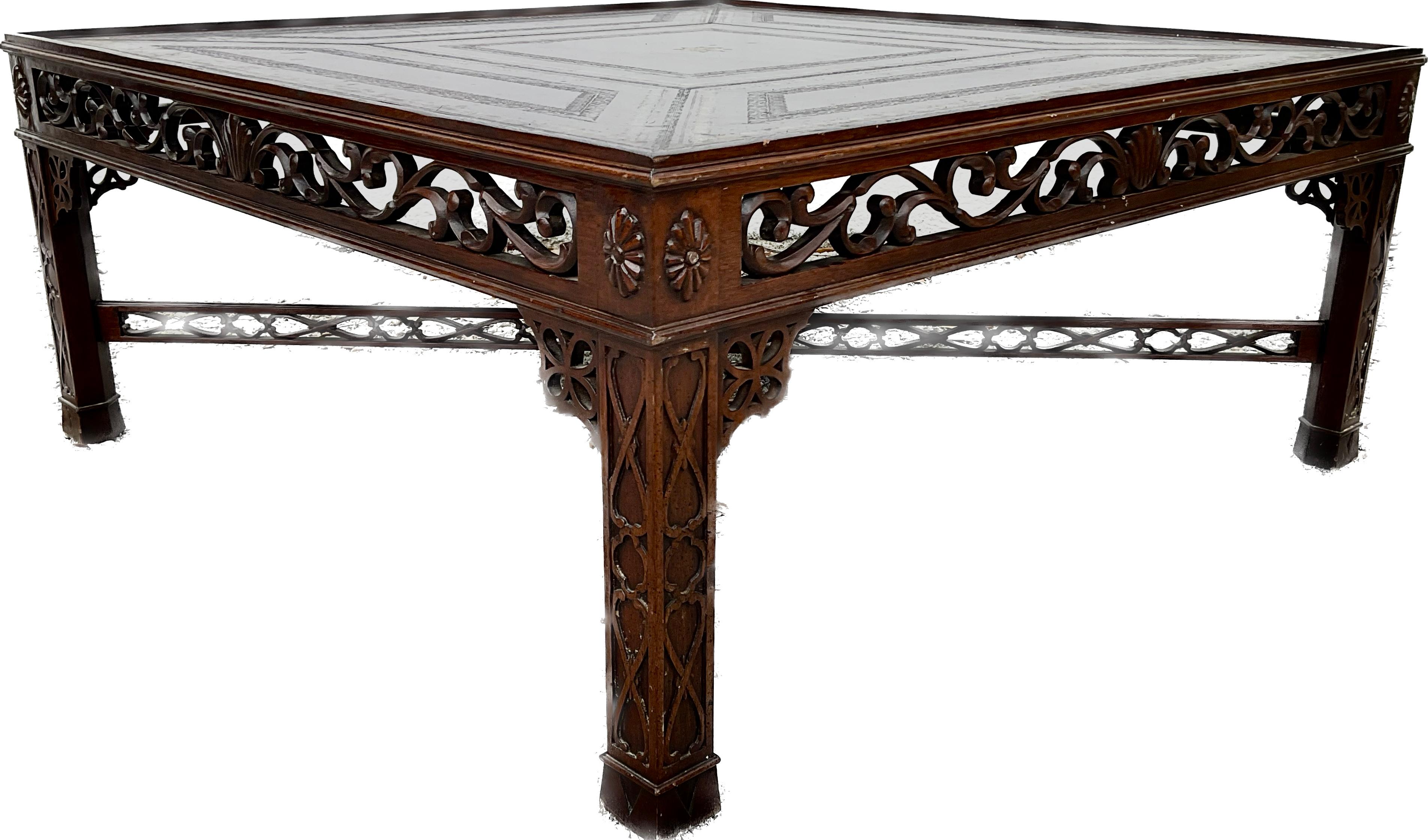 Carved Mid 20th Century Maitland Smith Chinese Chippendale Square Coffee table For Sale