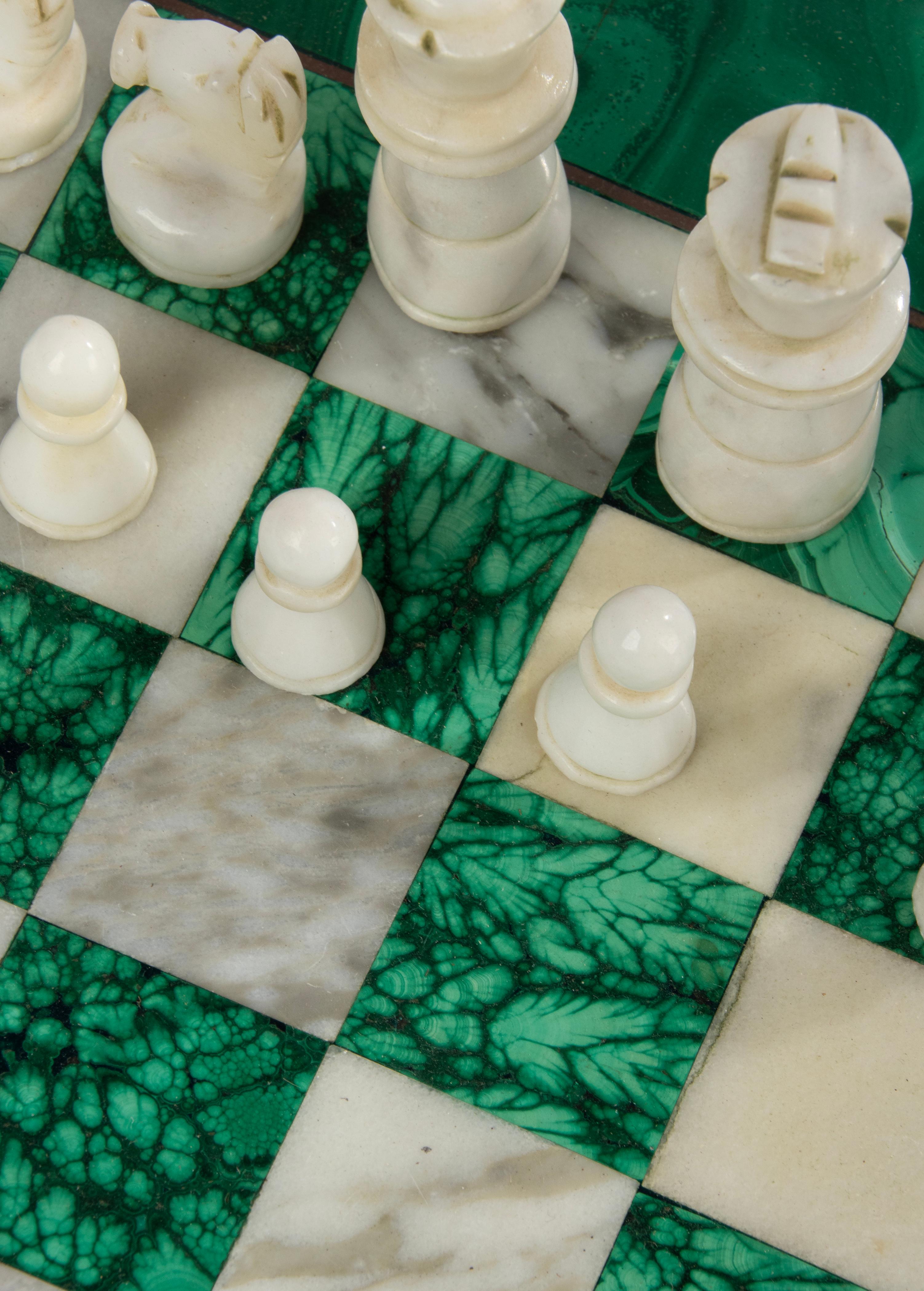 Mid 20th Century Malachite and Marble Chessboard Wit Pieces 3