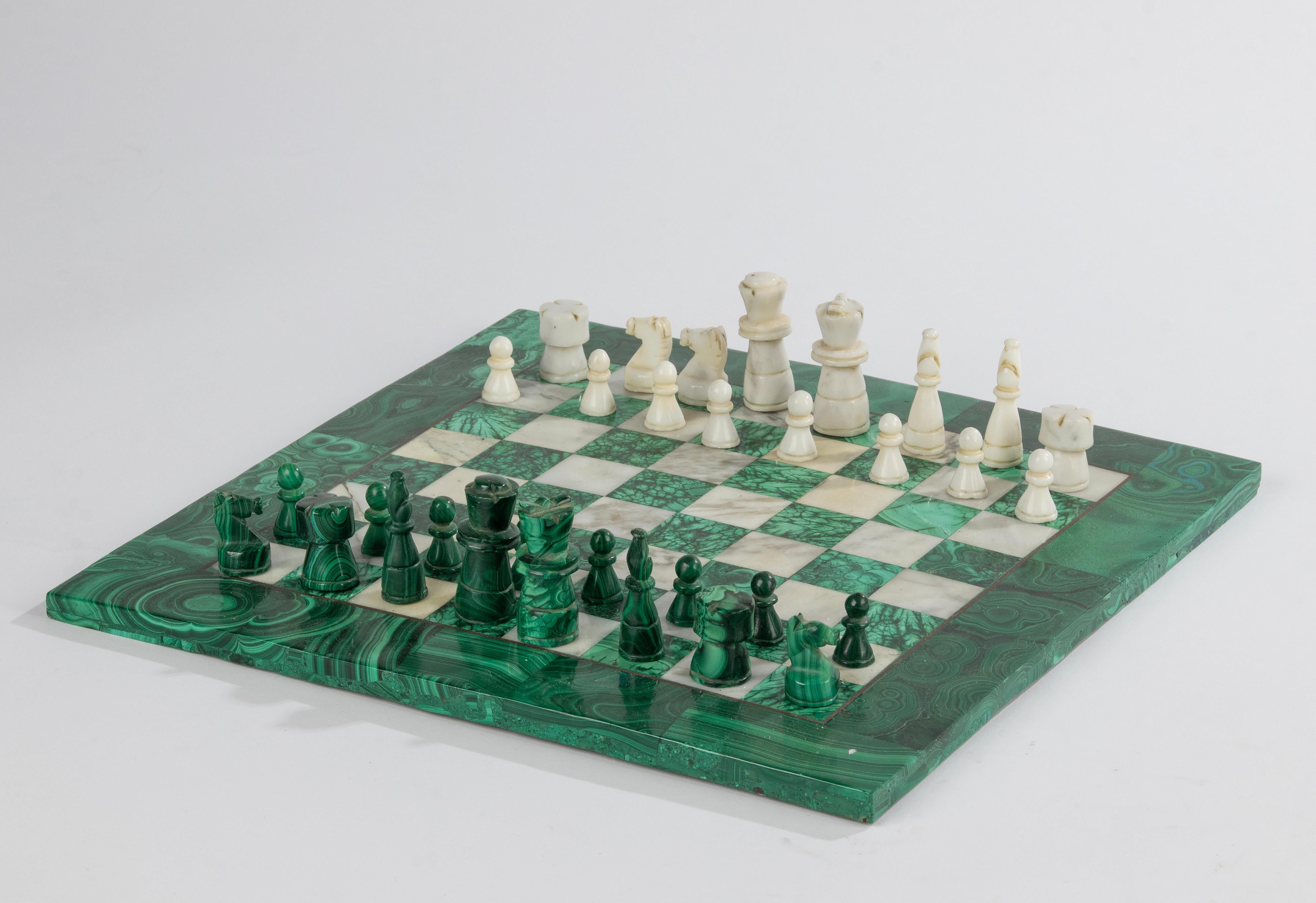 Mid 20th Century Malachite and Marble Chessboard Wit Pieces 4
