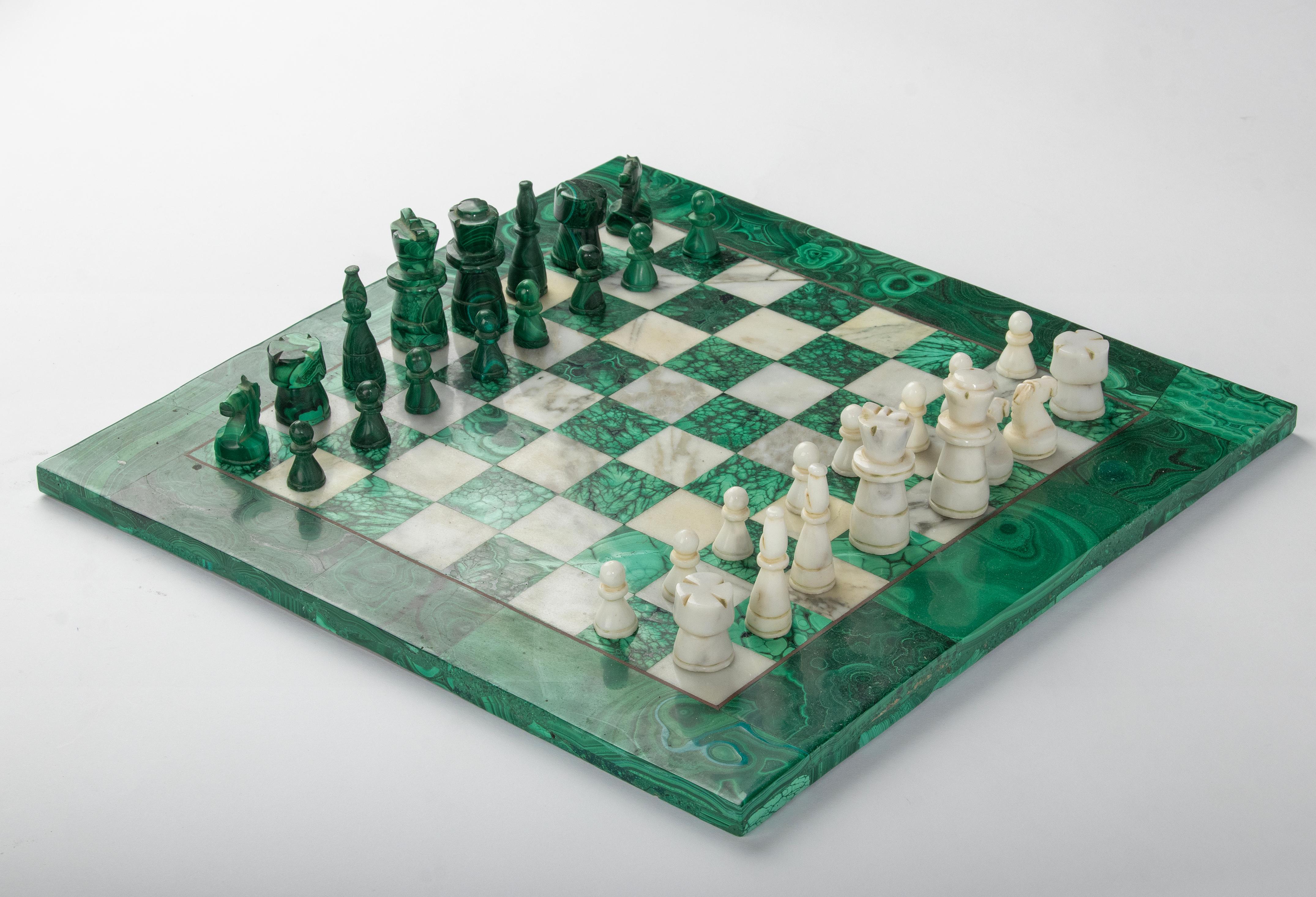 Mid 20th Century Malachite and Marble Chessboard Wit Pieces 6
