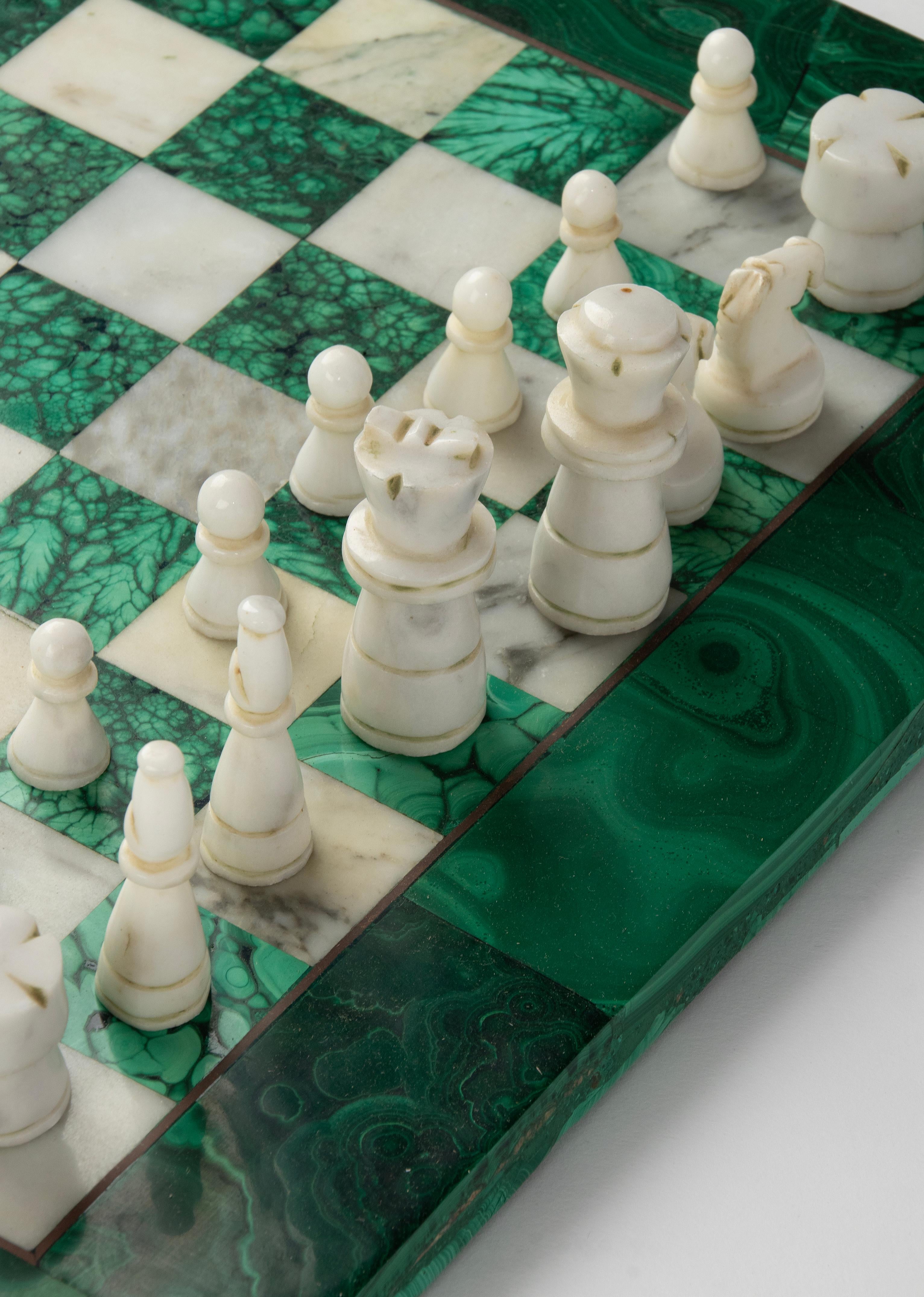 Mid 20th Century Malachite and Marble Chessboard Wit Pieces 7