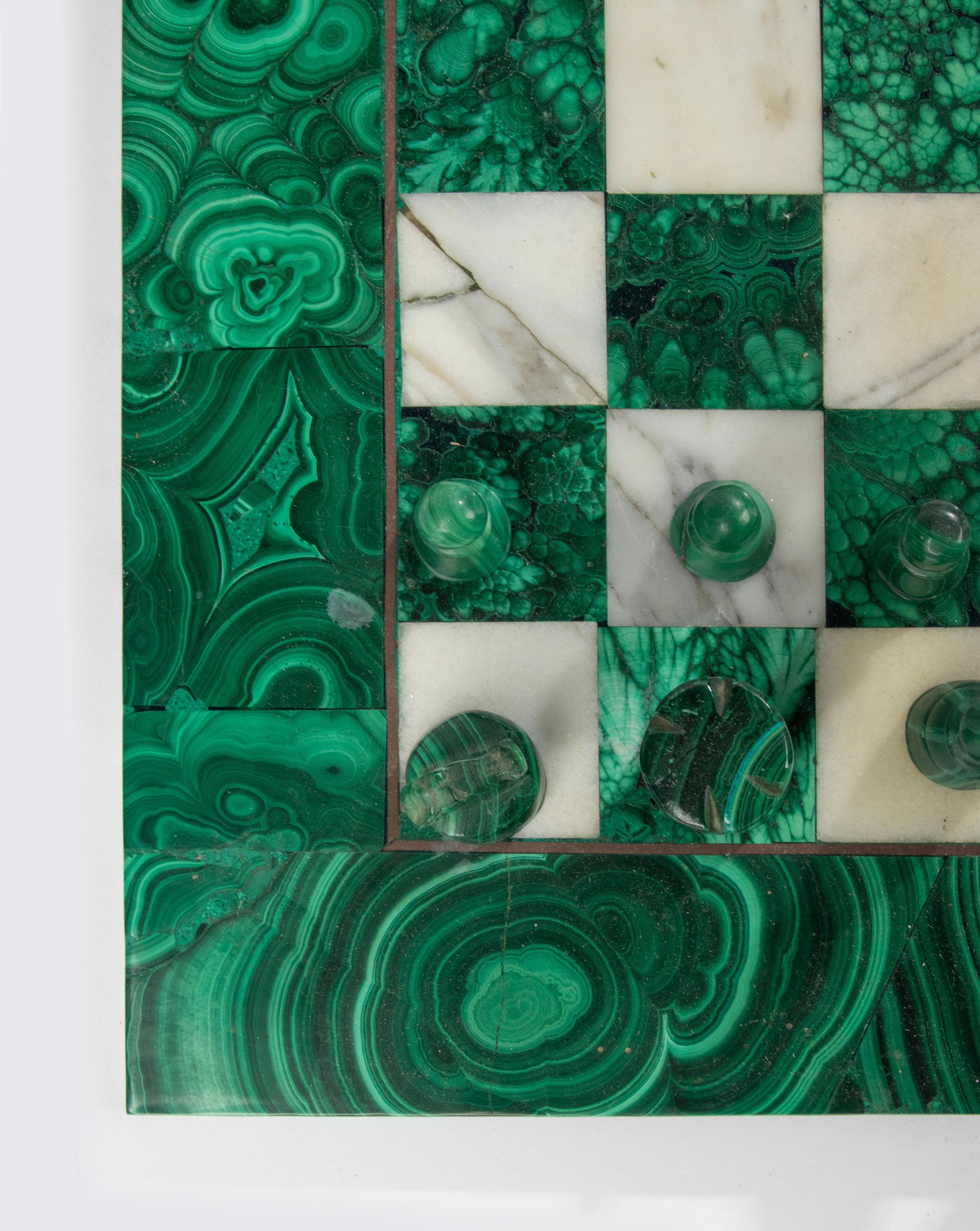 Mid 20th Century Malachite and Marble Chessboard Wit Pieces 9
