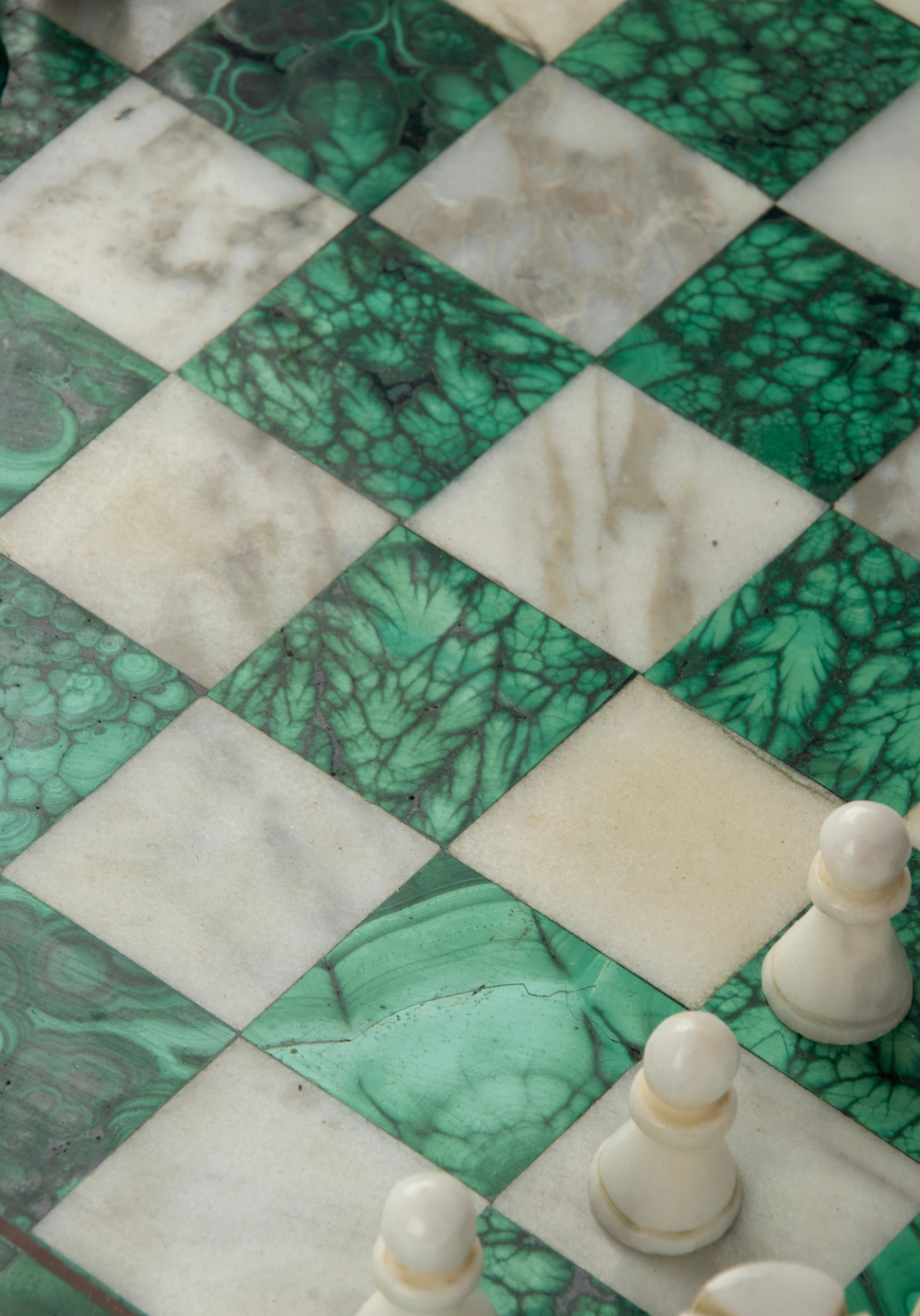 Mid 20th Century Malachite and Marble Chessboard Wit Pieces 10
