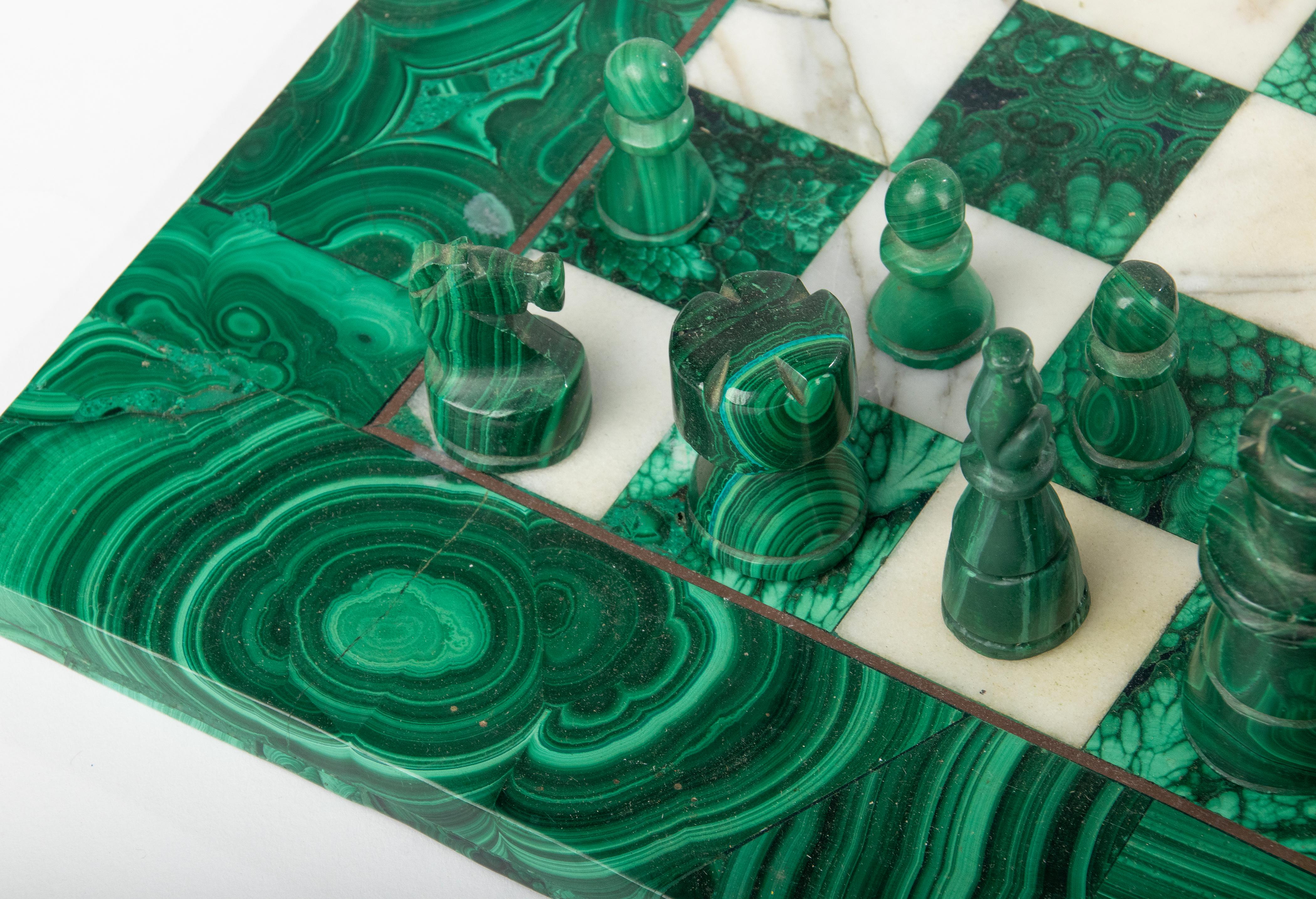 Mid-Century Modern Mid 20th Century Malachite and Marble Chessboard Wit Pieces