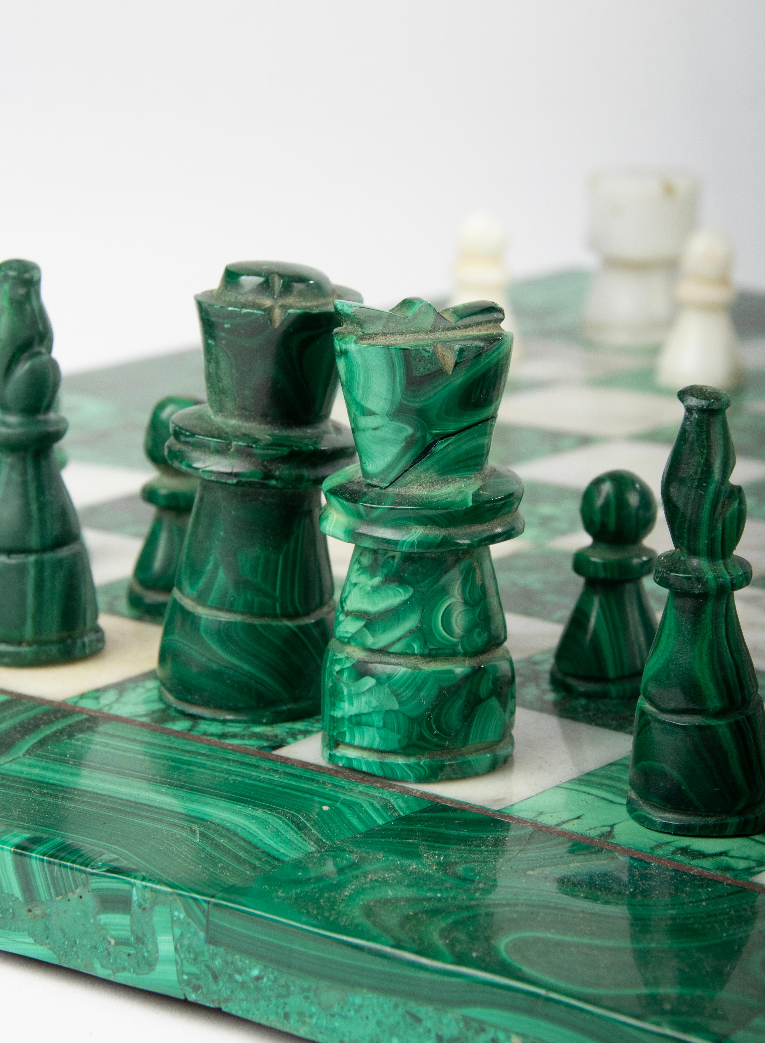 Italian Mid 20th Century Malachite and Marble Chessboard Wit Pieces