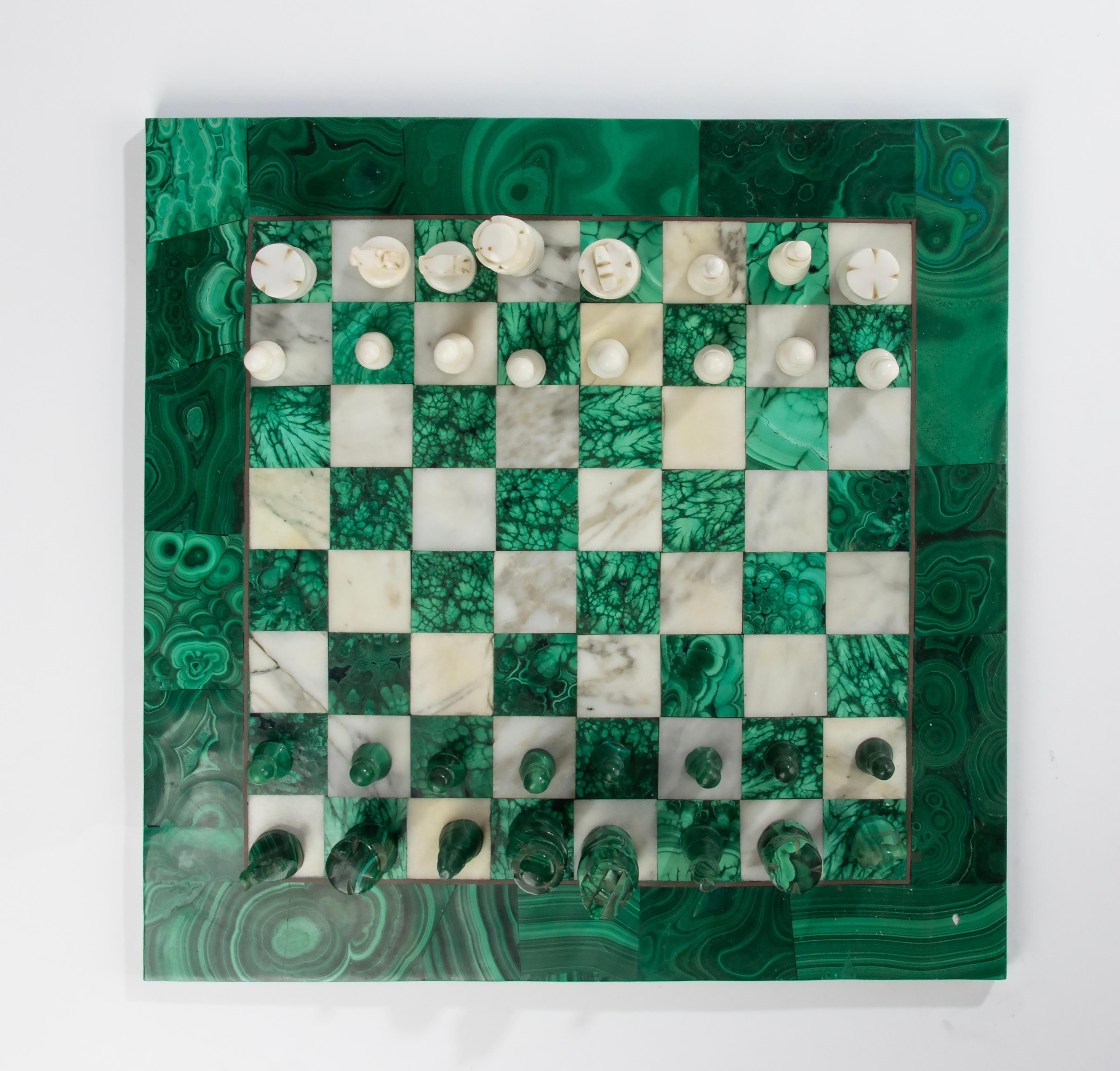 Mid-20th Century Mid 20th Century Malachite and Marble Chessboard Wit Pieces