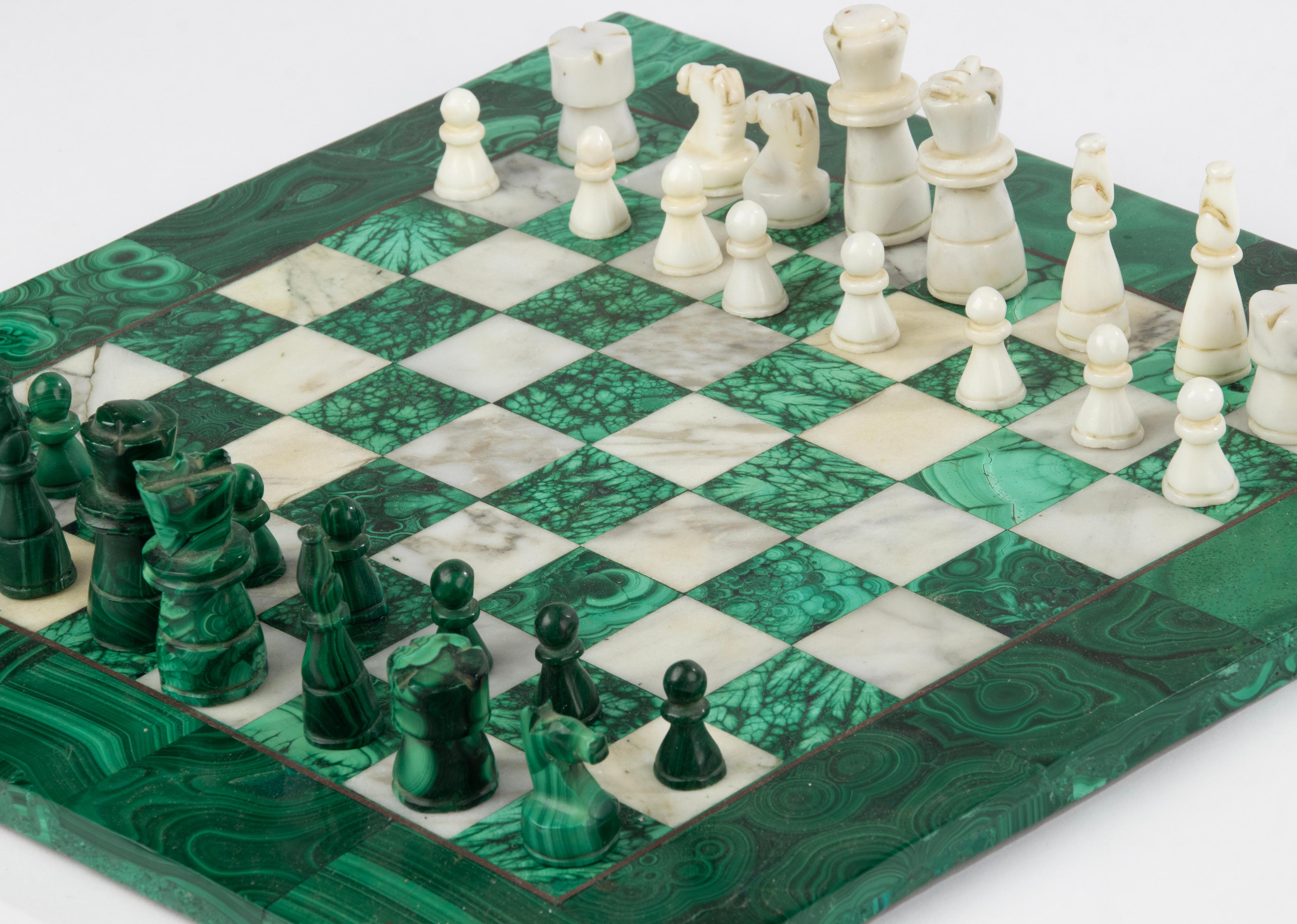 Mid 20th Century Malachite and Marble Chessboard Wit Pieces 2