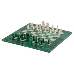 Mid 20th Century Malachite and Marble Chessboard Wit Pieces