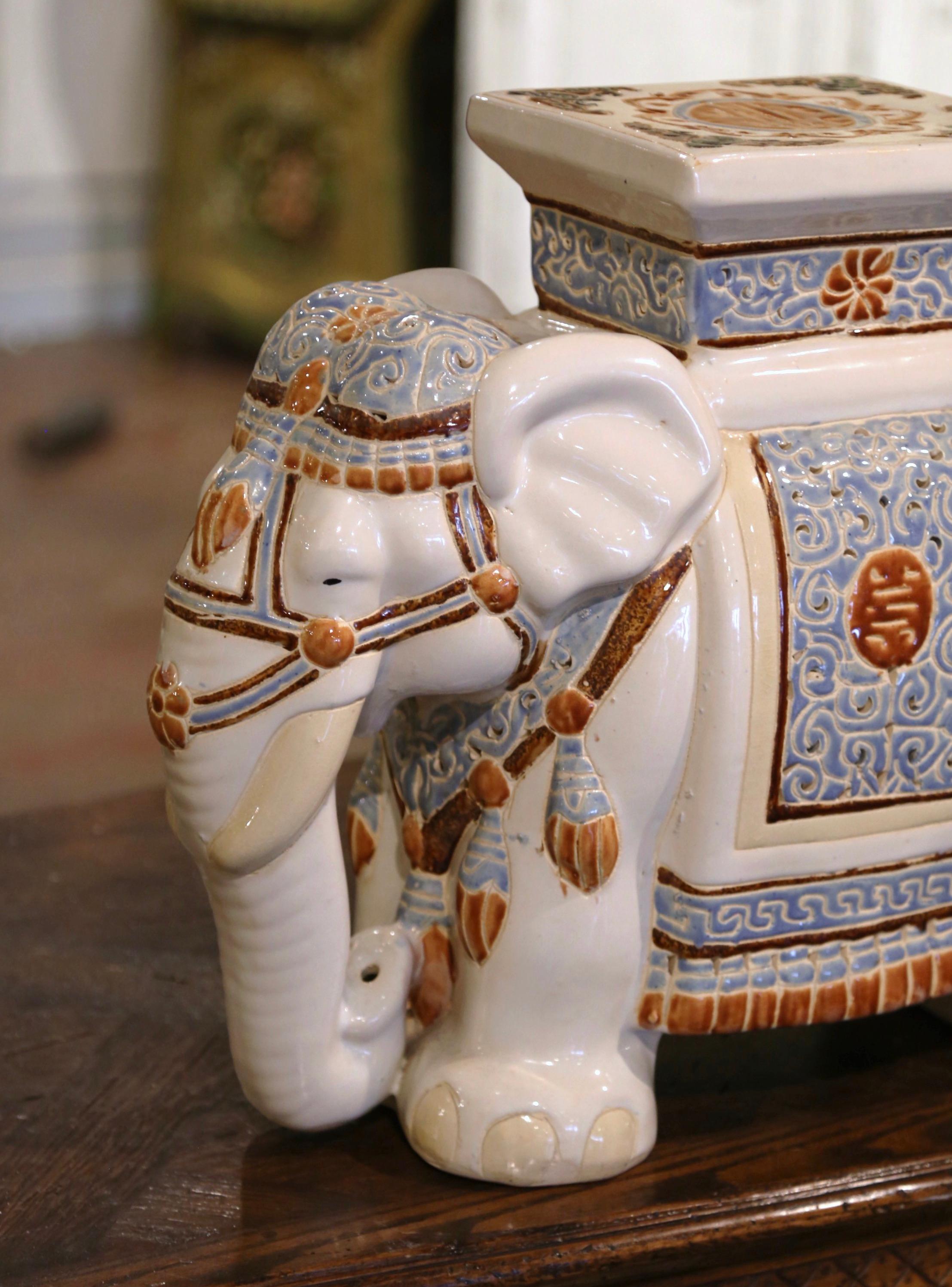 Hand-Crafted Mid-20th Century Malaysian Hand Painted Faience Elephant Garden Seat