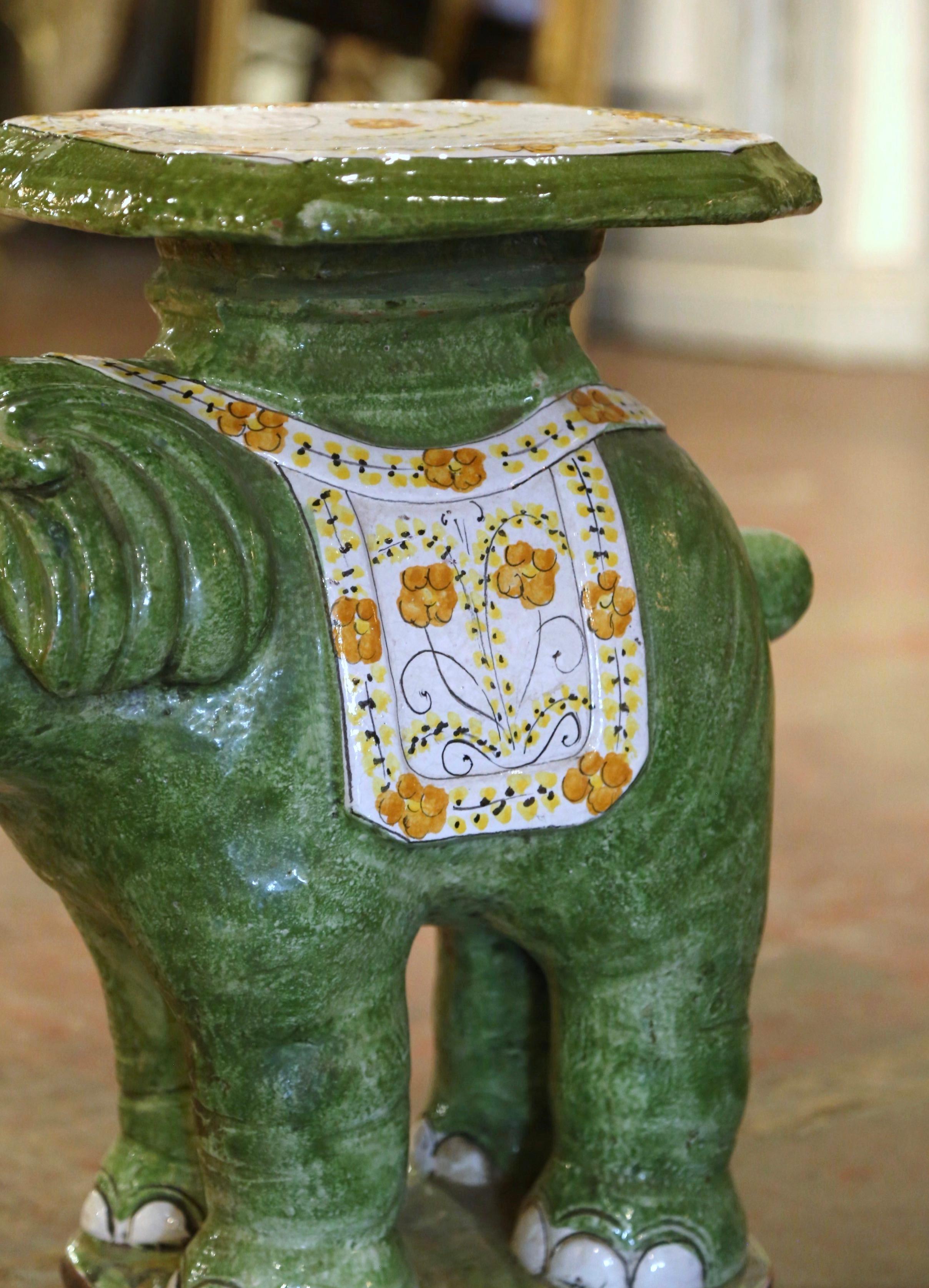 Mid-20th Century Malaysian Hand Painted Faience Elephant Garden Seat In Excellent Condition In Dallas, TX