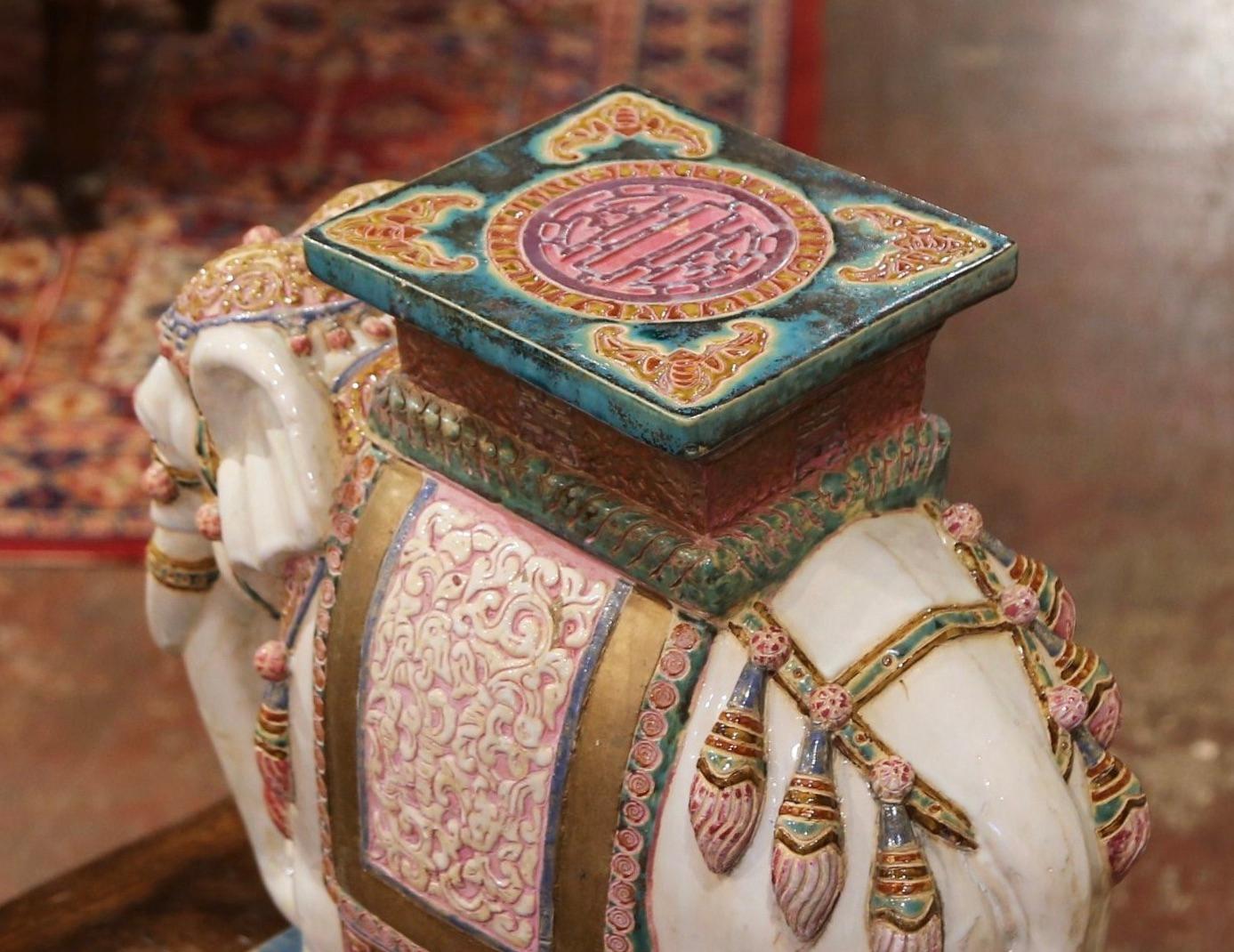 Hand-Crafted Mid-20th Century Malaysian Hand Painted Faience Elephant Garden Seat
