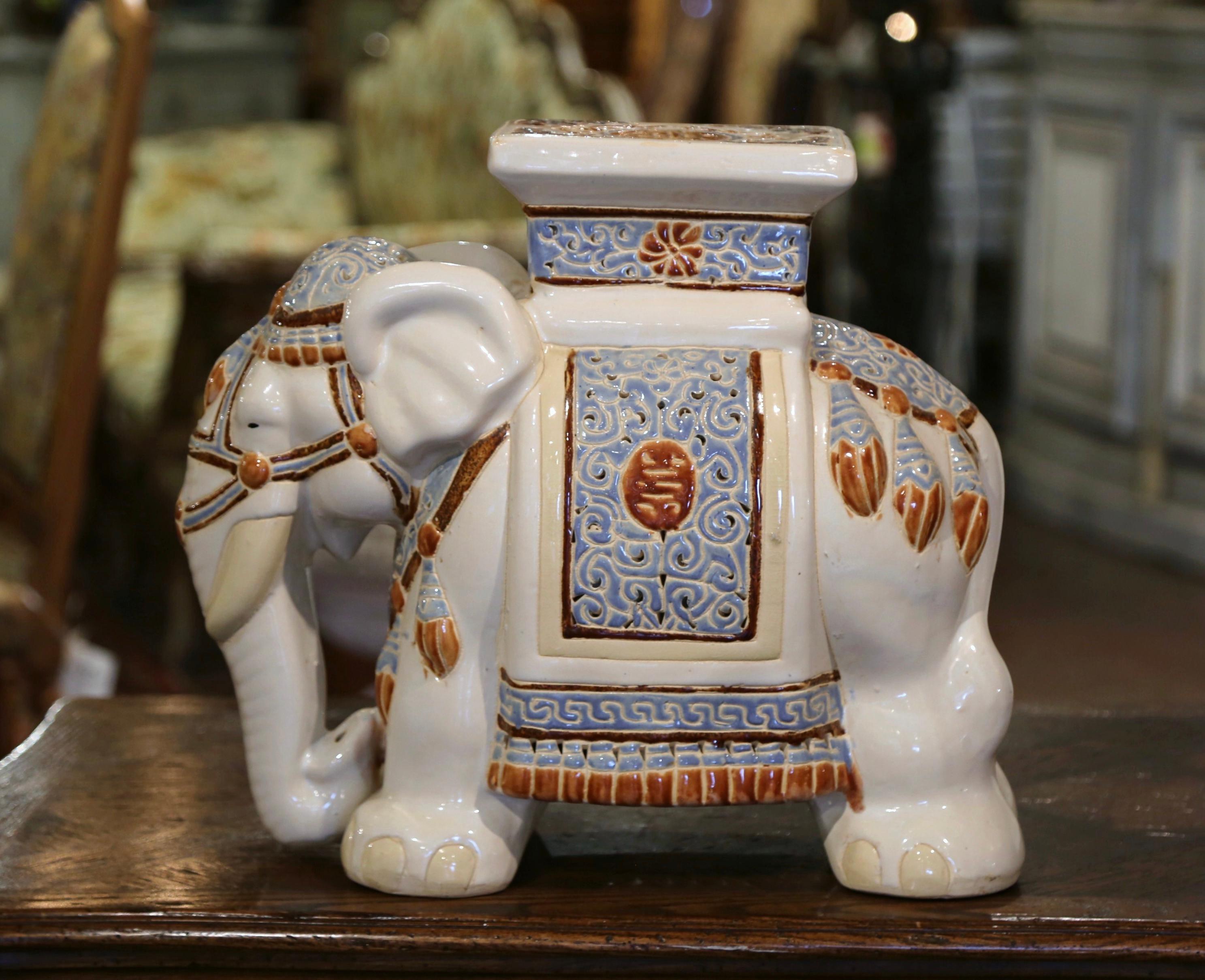Ceramic Mid-20th Century Malaysian Hand Painted Faience Elephant Garden Seat