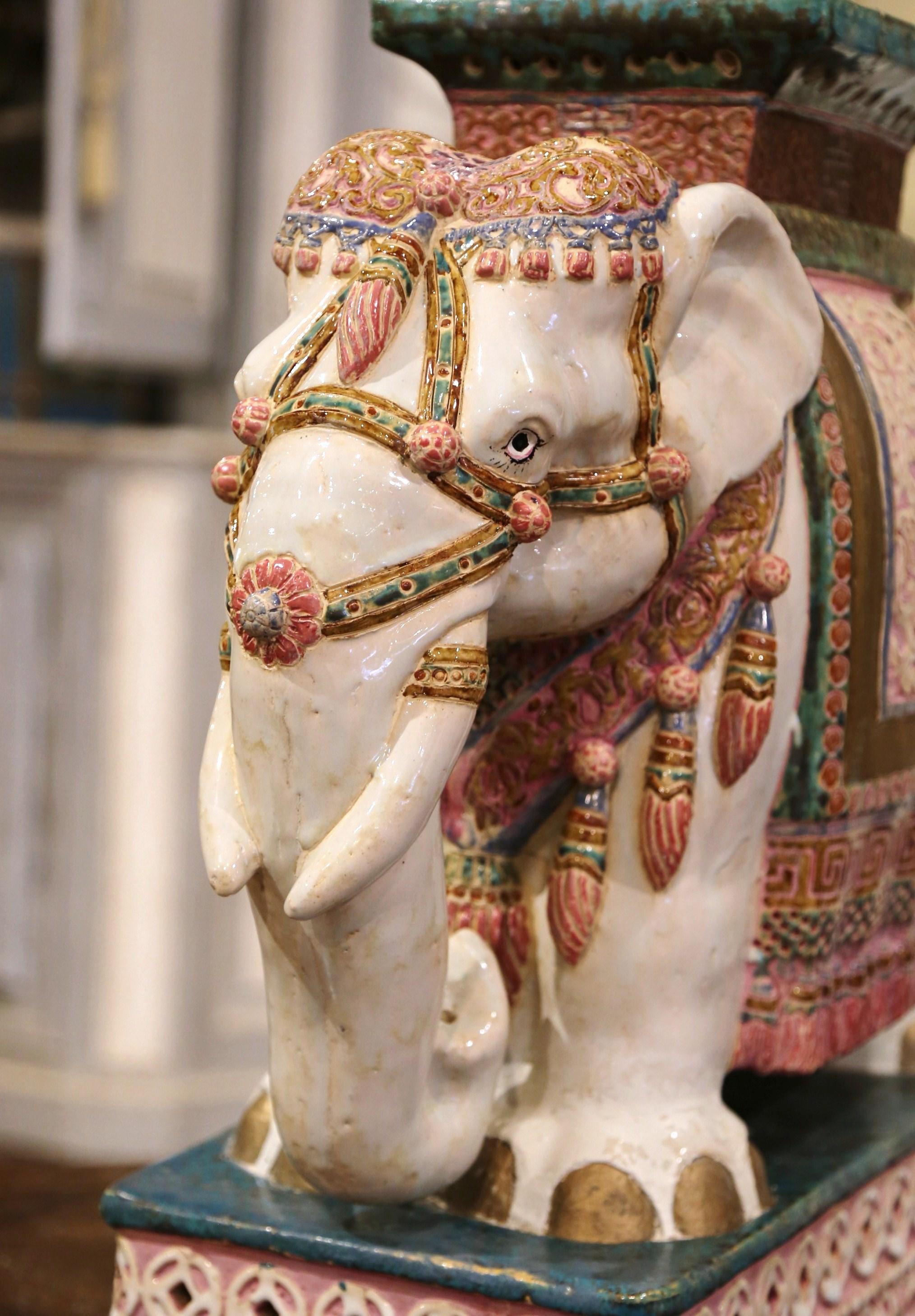 Mid-20th Century Malaysian Hand Painted Faience Elephant Garden Seat In Excellent Condition In Dallas, TX