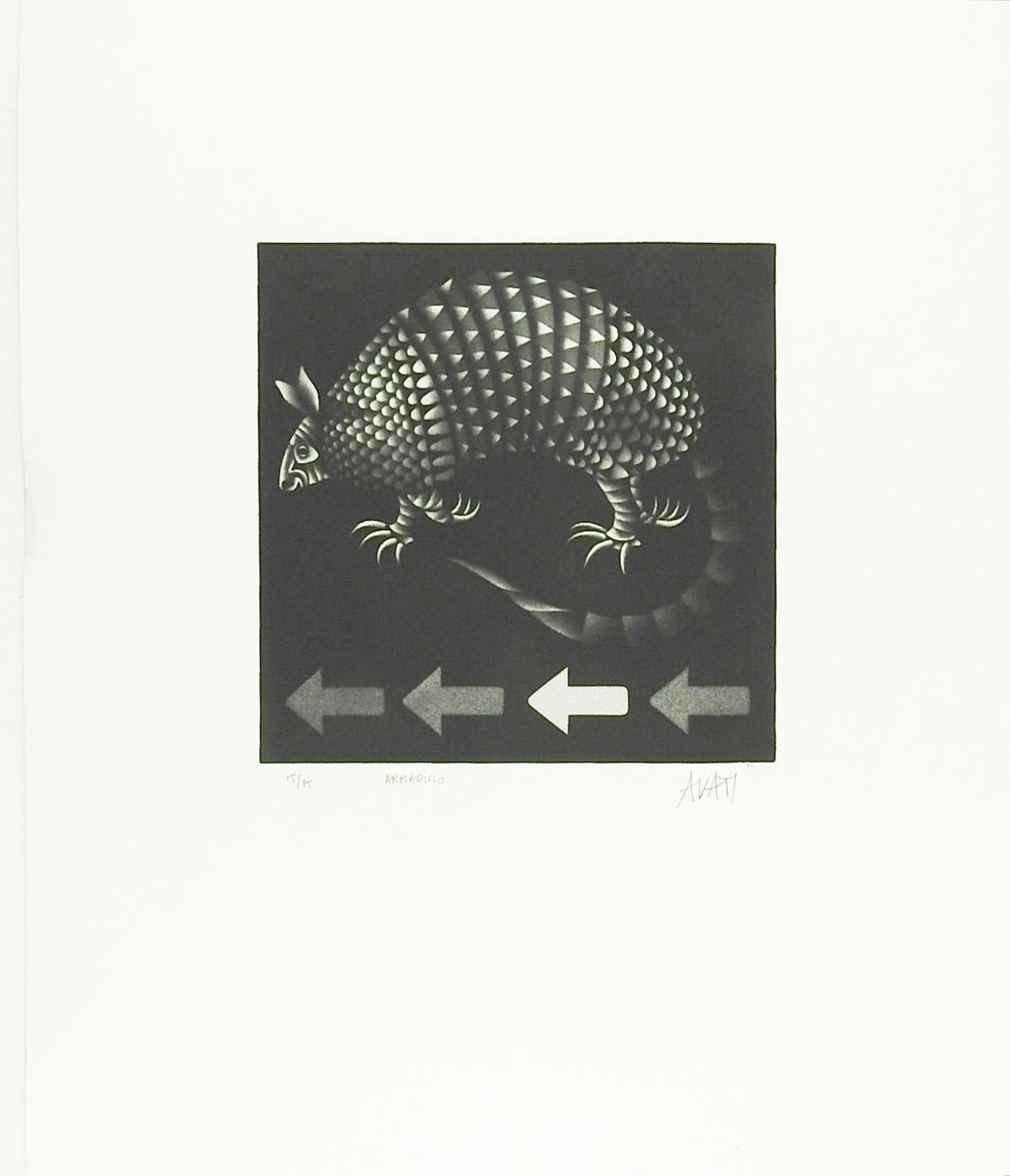 Circa 1960's Mezzotint sur papier par Mario Avati (1921-2009) France.  Signé, numéroté 15/75 et titré Armadillo au crayon dans la marge inférieure.  Non encadré, taille de l'image 8.5