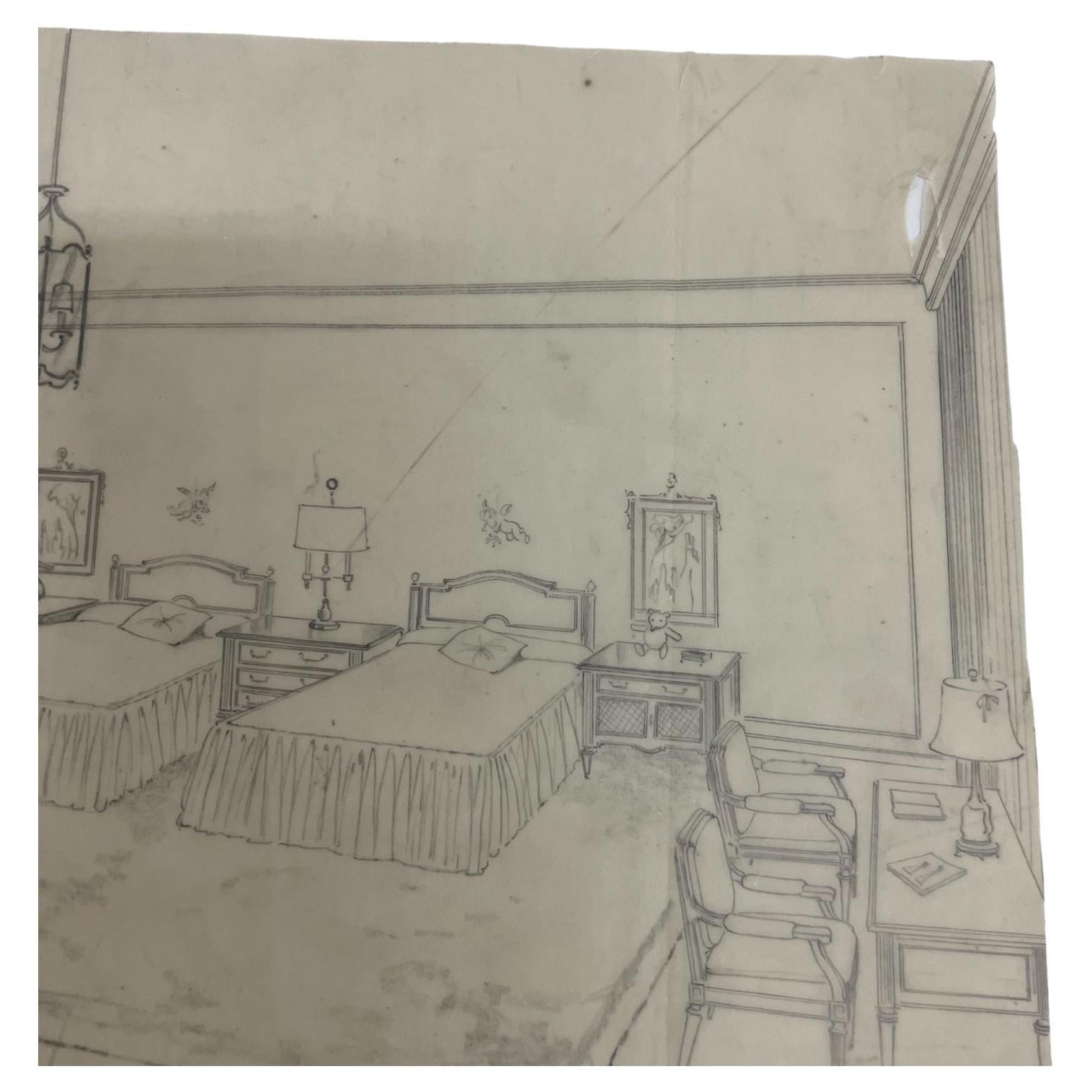 Mid 20th century Mario Pani sketch guest bedroom suite Alfombra
Interior Design Decor.
Signed art architect Mario Pani.
15 x 10.25.
Preowned original vintage art sketch drawing.
See images provided.
 