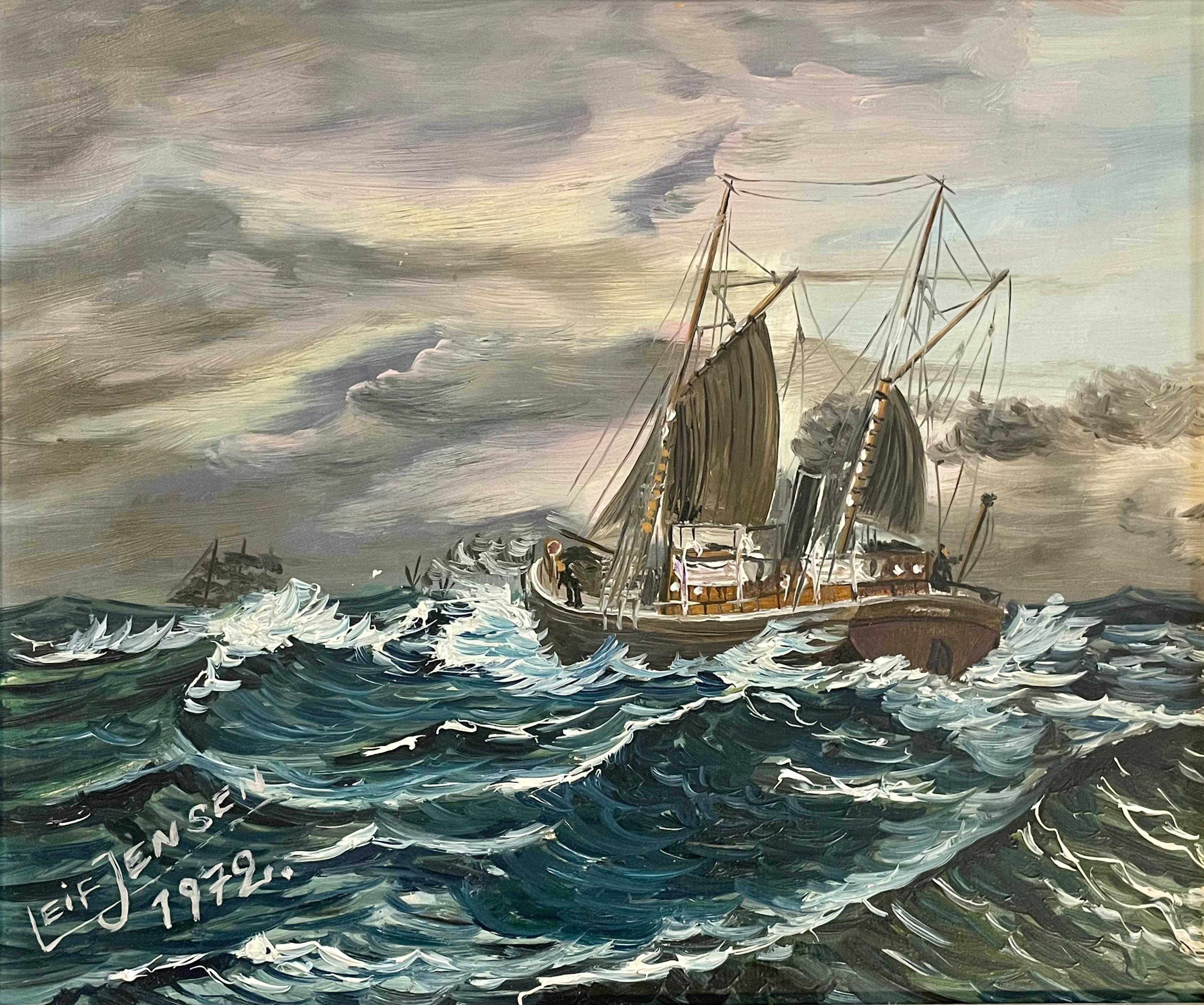 Dies ist ein Original-Öl auf Platte maritime Malerei mit zwei Schiffen mit Segeln auf See in den frühen Morgen-oder Abendlicht mit einem Blick auf die blaue Skye. Das Wetter ist rau, die Wolken sind dunkel und die Besatzungsmitglieder sind an der