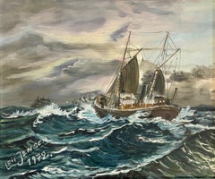 Mid 20th century maritime oil painting with ships at sea