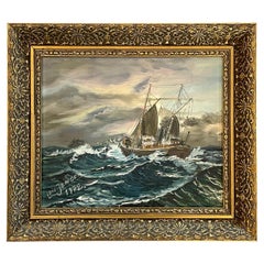 Mid 20th century maritime oil painting with ships at sea