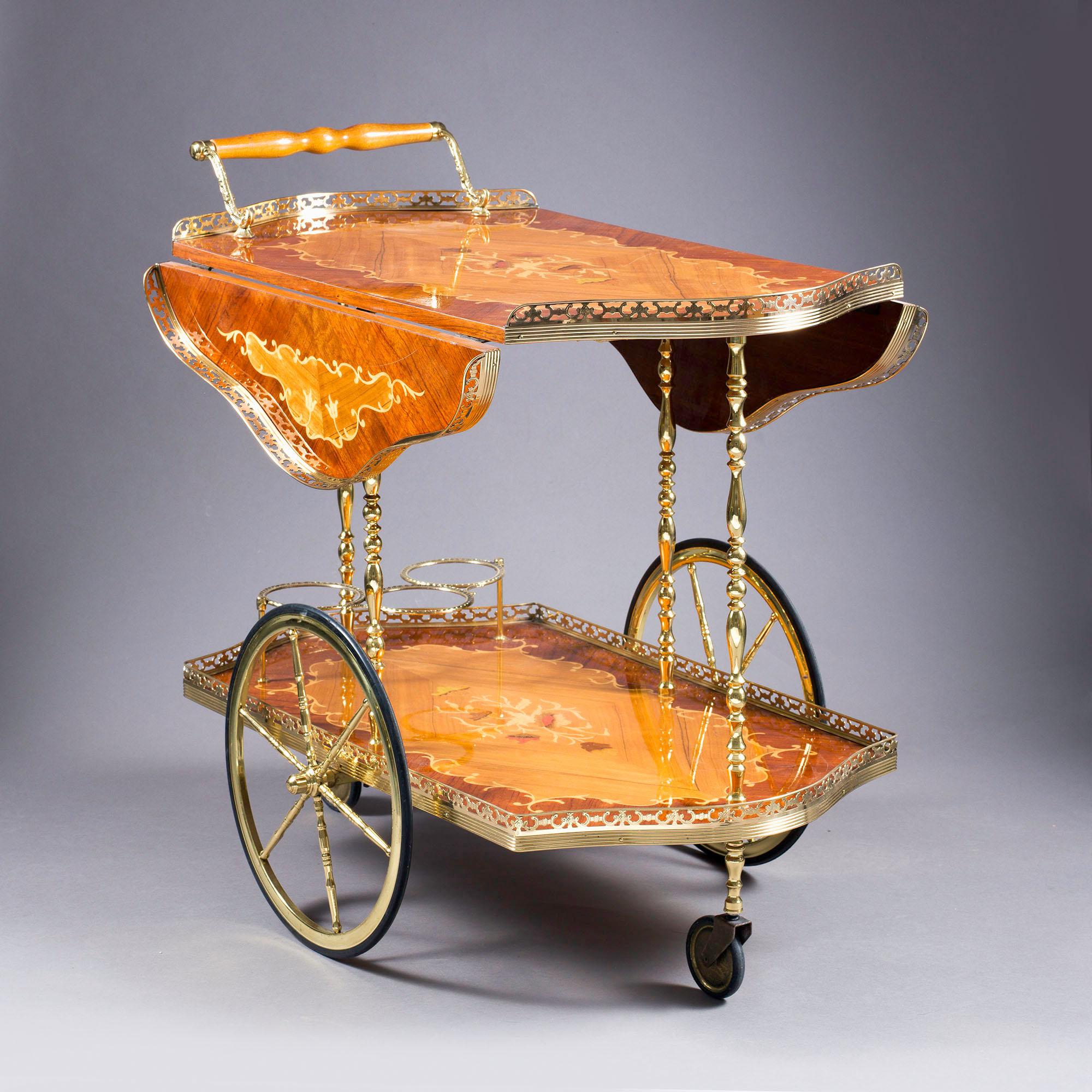 Italian Mid-20th Century Marquetry and Polished Brass Drinks Trolley