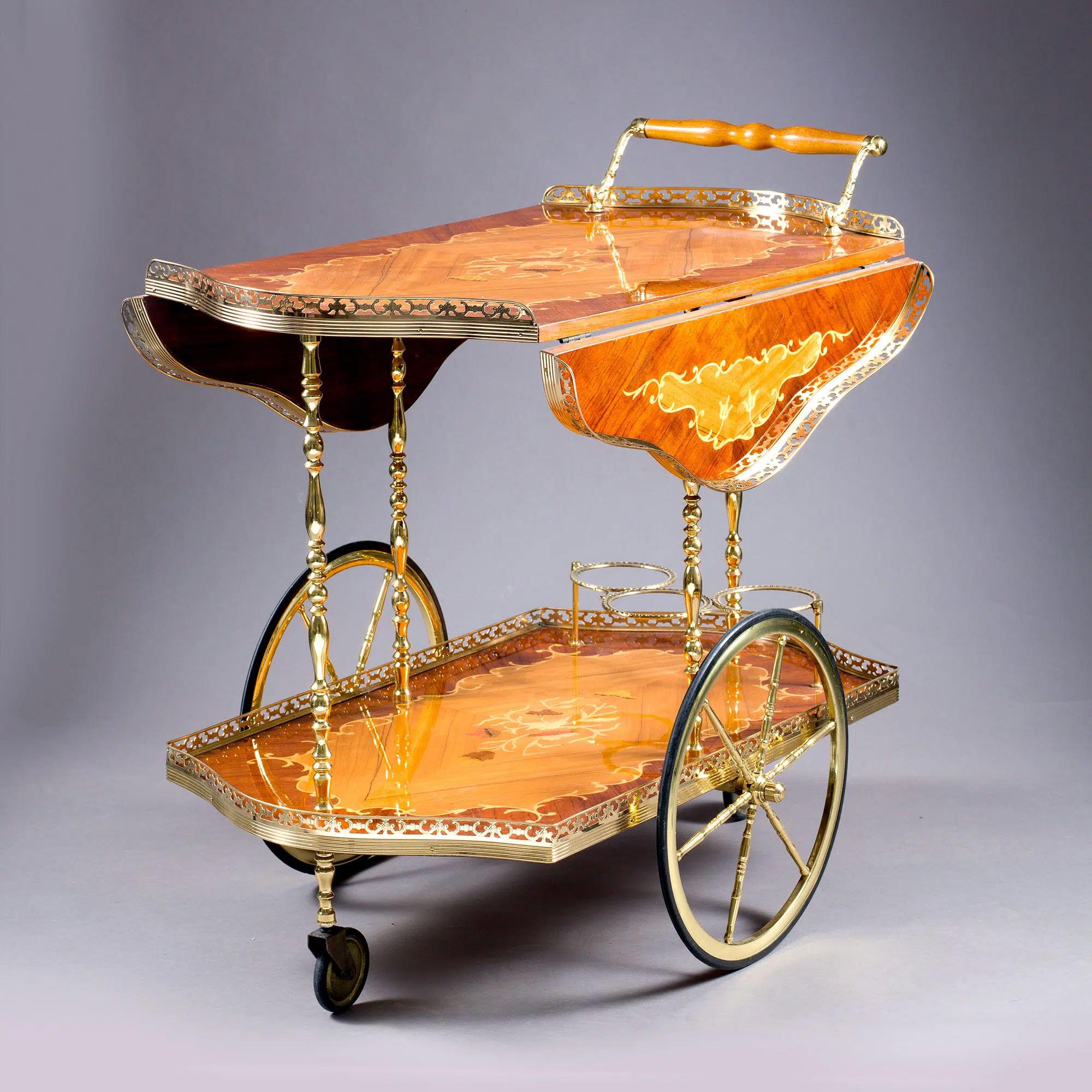 Mid-20th Century Marquetry and Polished Brass Drinks Trolley For Sale 4