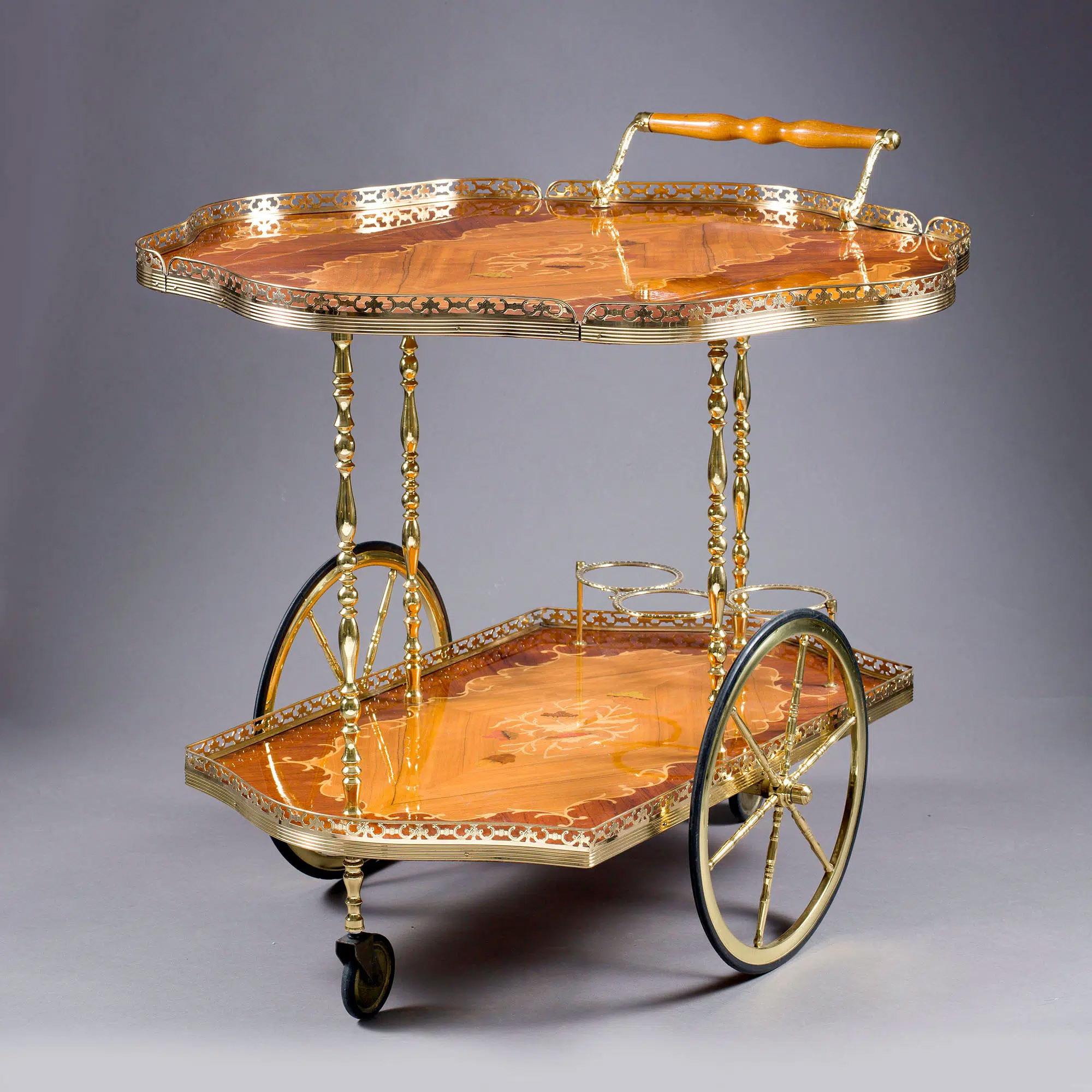 Mid-20th Century Marquetry and Polished Brass Drinks Trolley For Sale 5