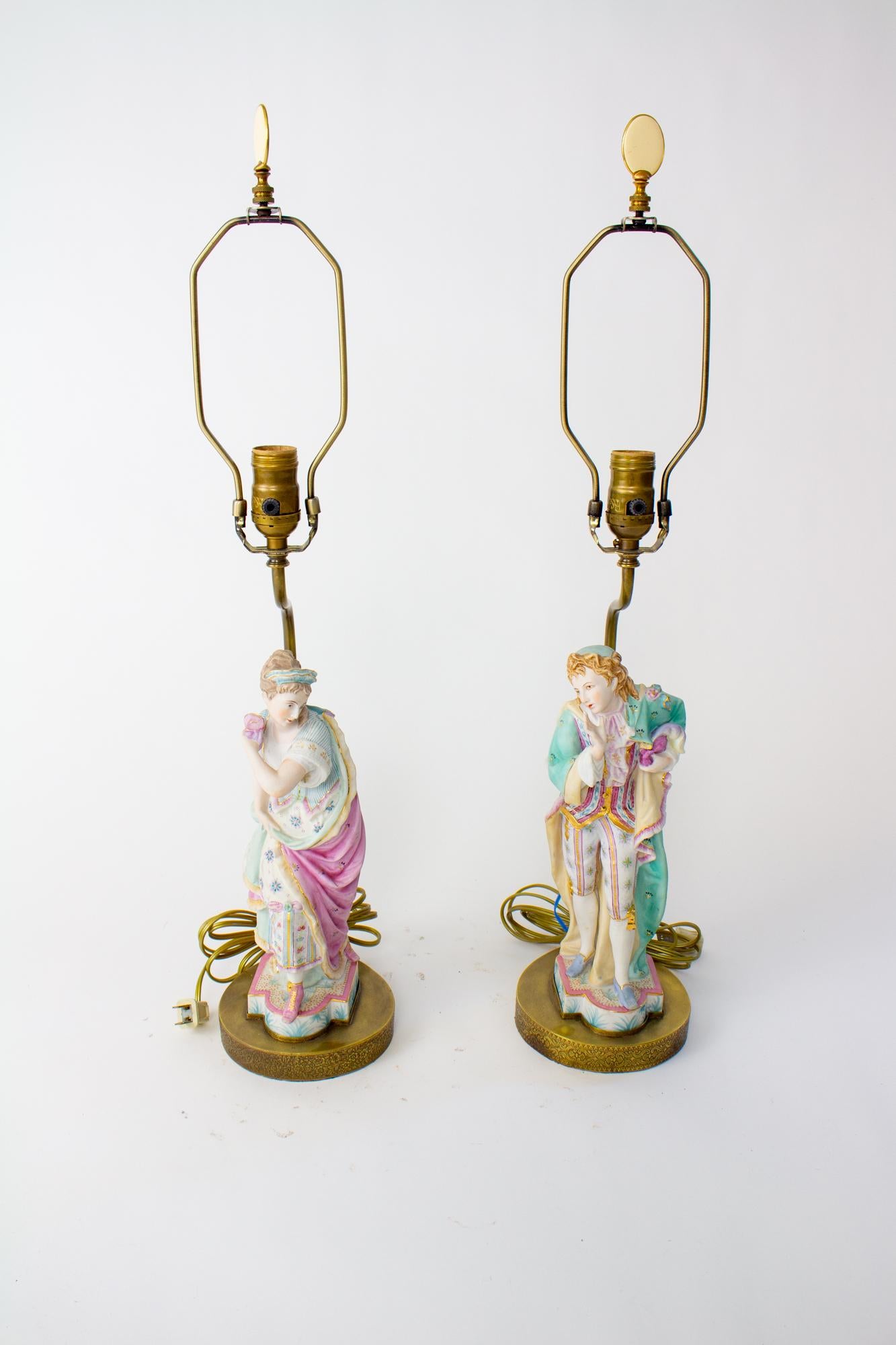 Japanese Mid 20th Century Masquerade Bisque Figurine Lamps - a Pair For Sale