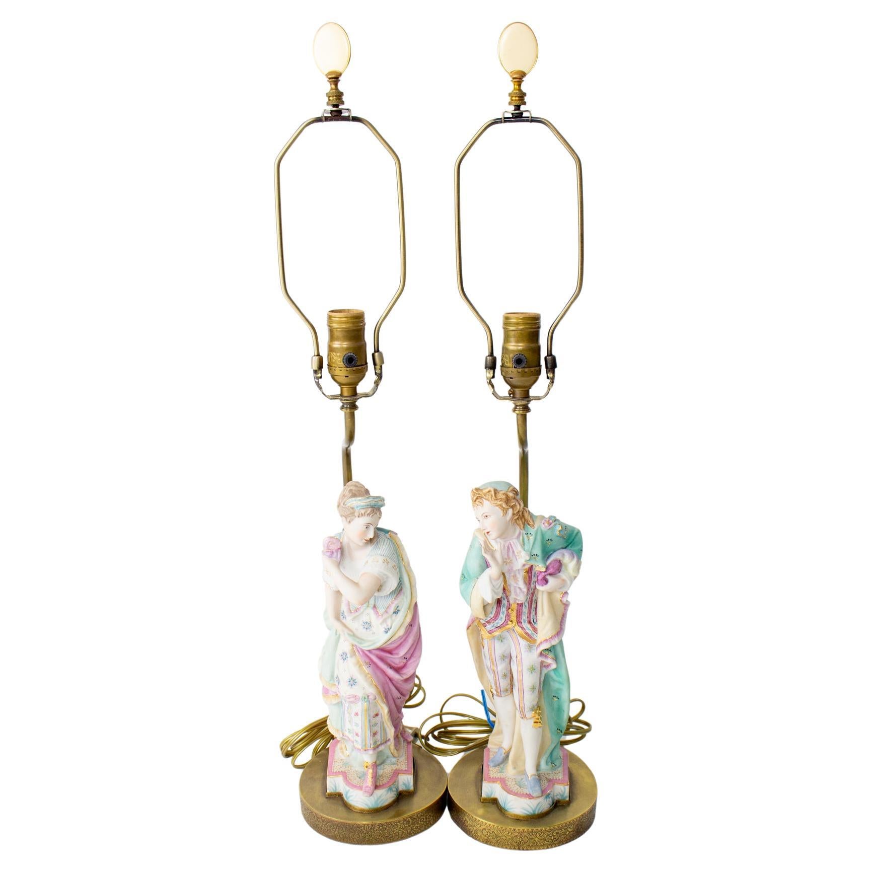 Mid 20th Century Masquerade Bisque Figurine Lamps - a Pair For Sale