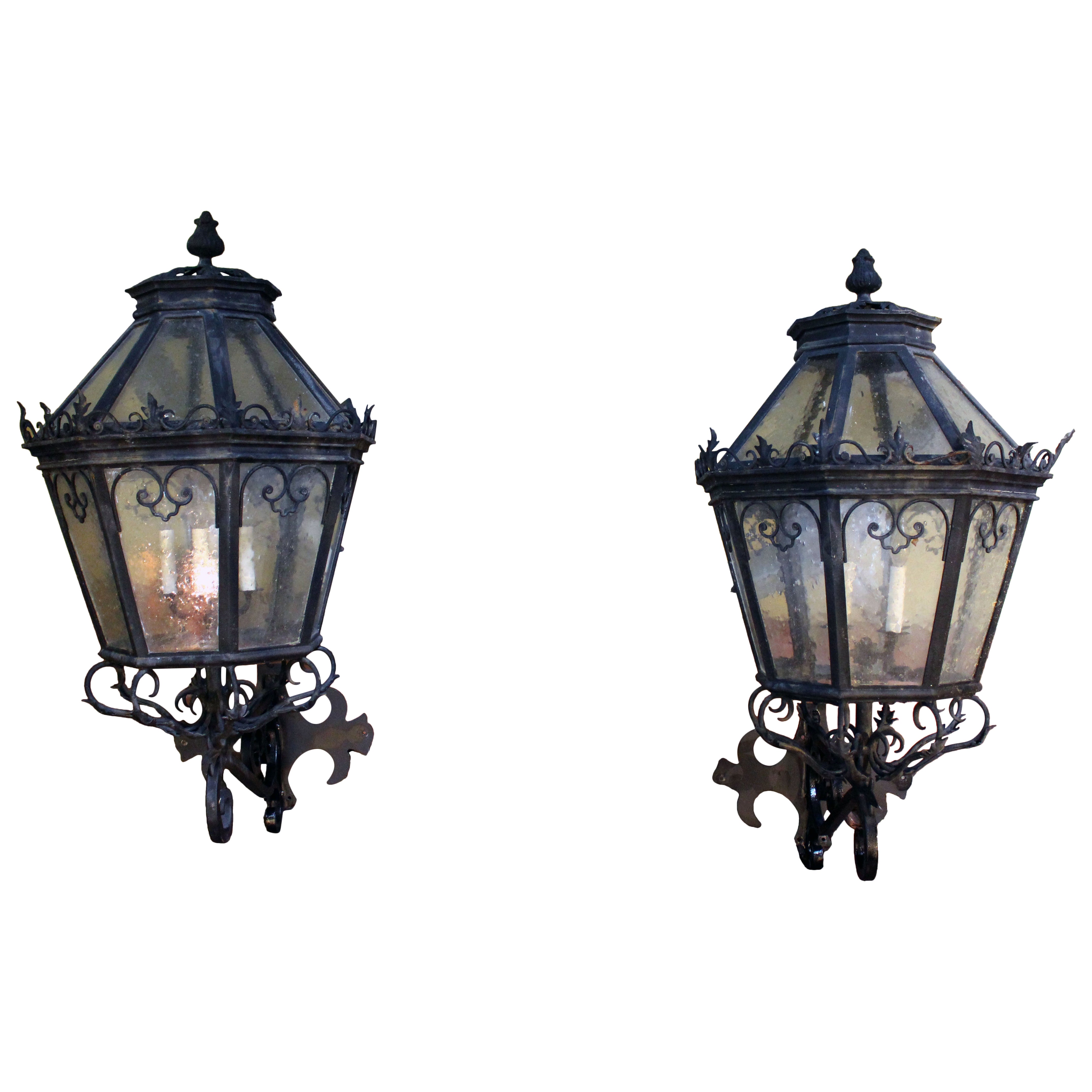 Mid-20th Century Massive European Pair of Iron & Glass Wall Lanterns