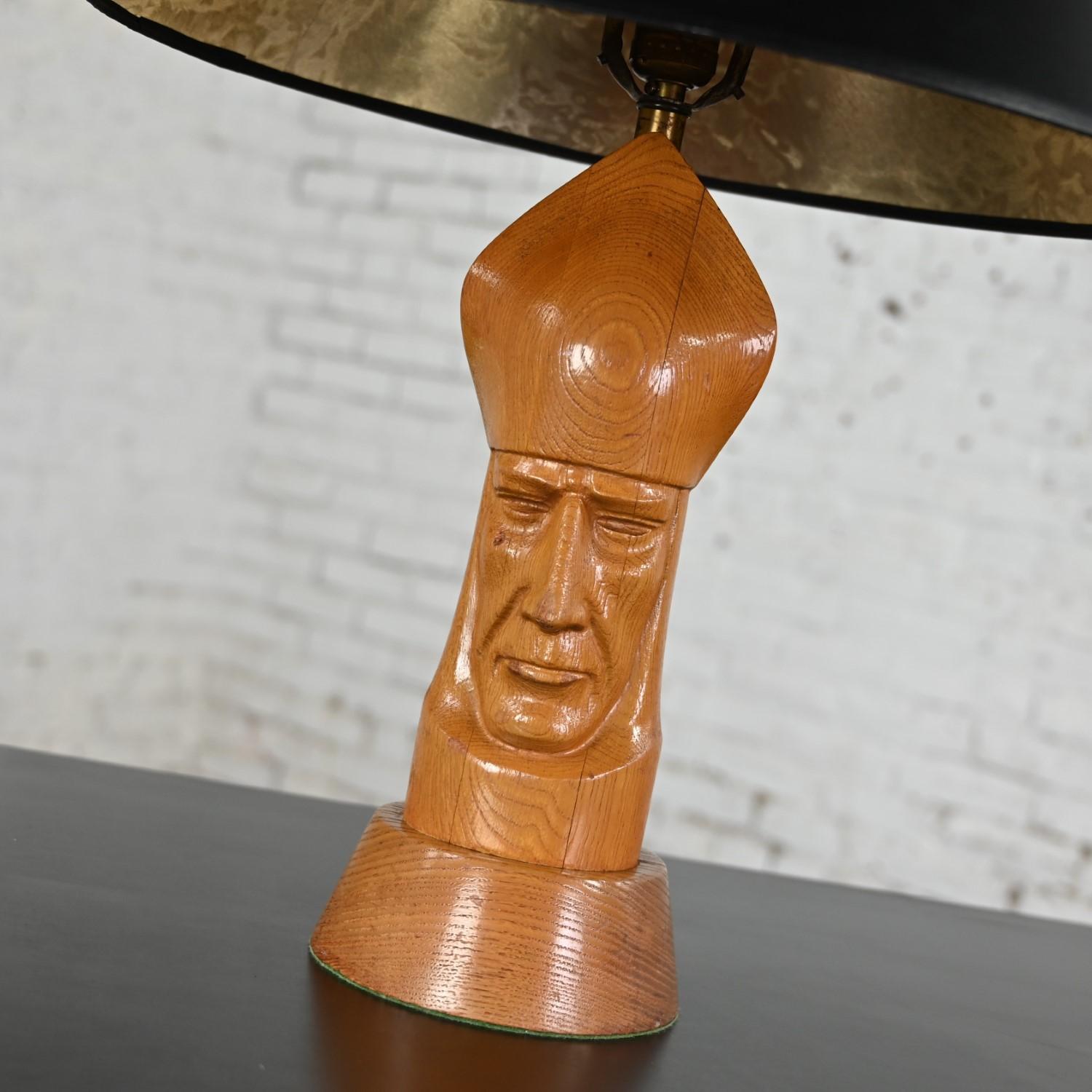 Mid-20th Century MCM Carved Wood Bishop Chess Piece Table Lamp Black Paper Shade For Sale 6