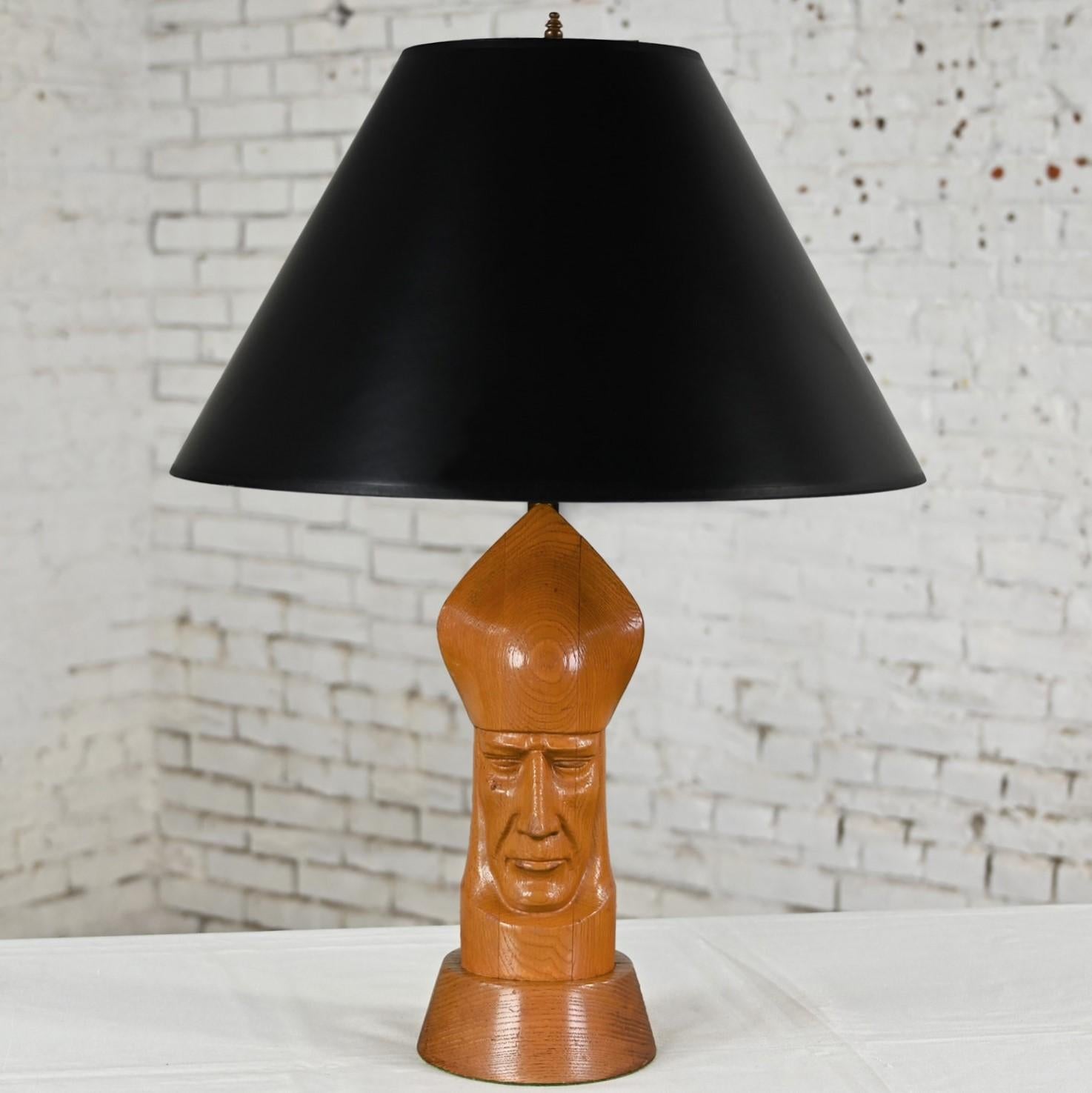 Mid-20th Century MCM Carved Wood Bishop Chess Piece Table Lamp Black Paper Shade For Sale 10