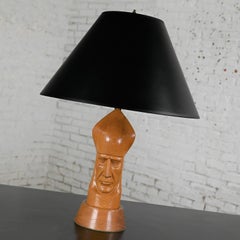 Mid-20th Century MCM Carved Wood Bishop Chess Piece Table Lamp Black Paper Shade
