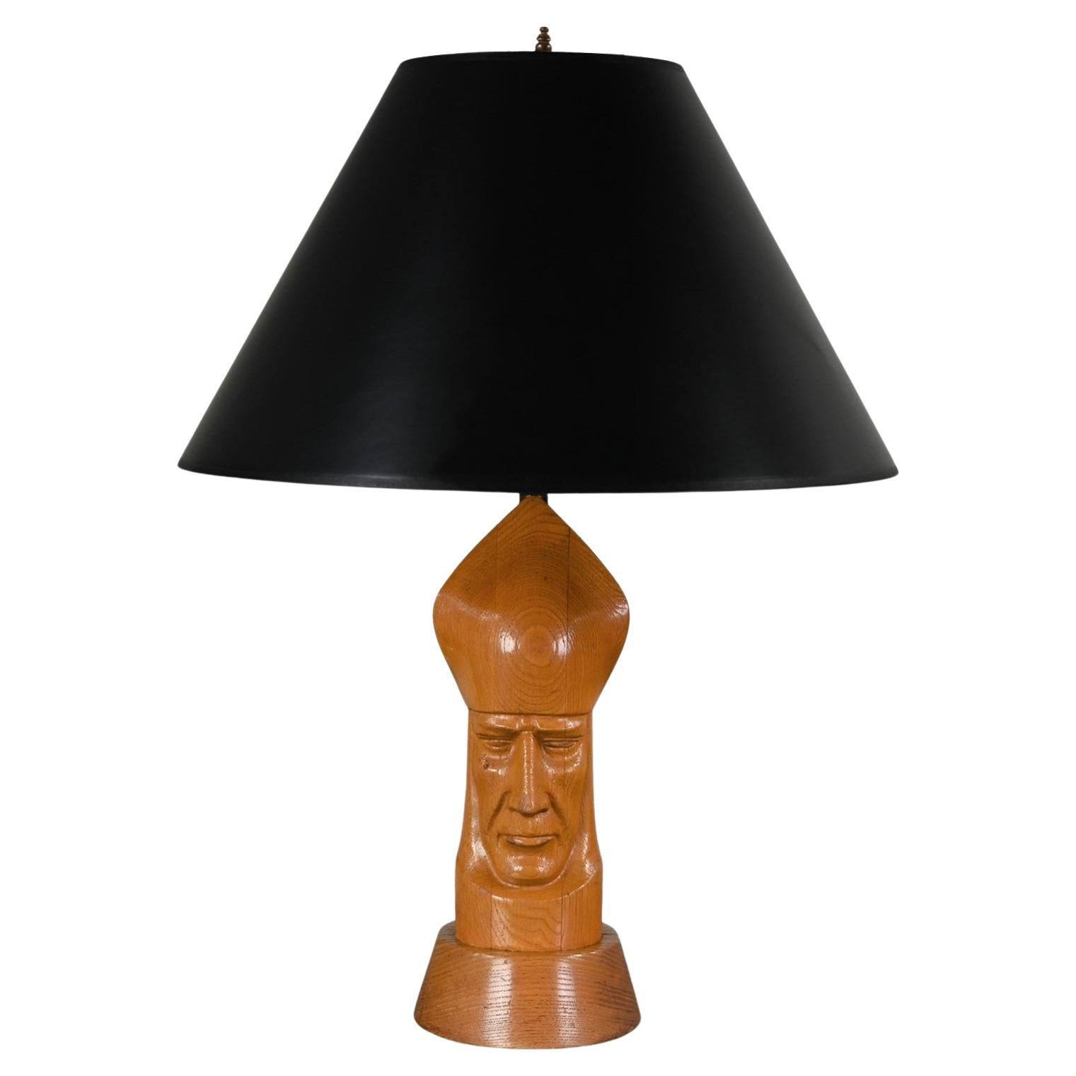 Mid-20th Century MCM Carved Wood Bishop Chess Piece Table Lamp Black Paper Shade For Sale