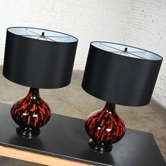 Mid-20th Century MCM Ceramic Orange & Black Glossy Drip Glaze Lamps, a Pair