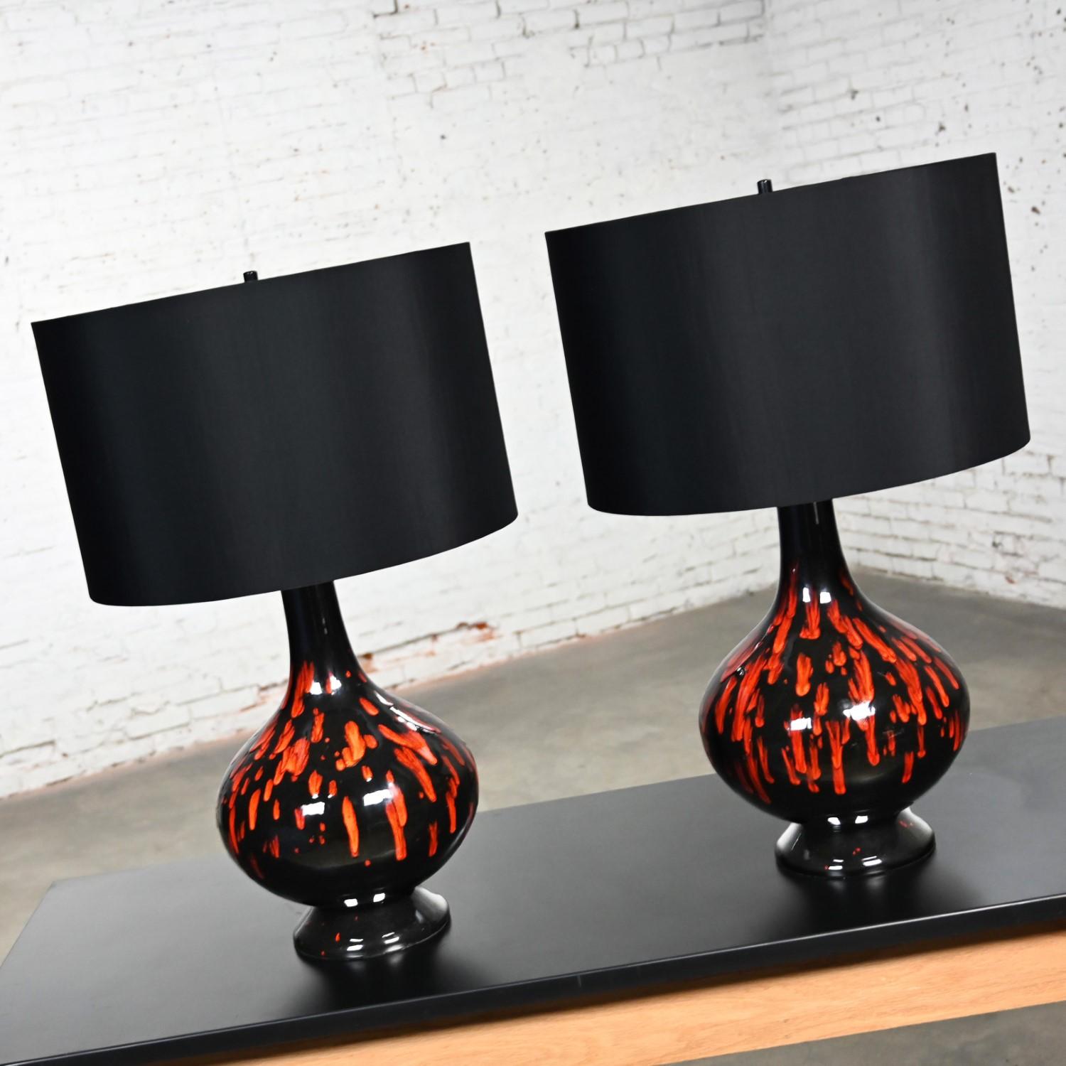 Mid-Century Modern Mid-20th Century MCM Ceramic Orange & Black Glossy Drip Glaze Lamps, a Pair For Sale