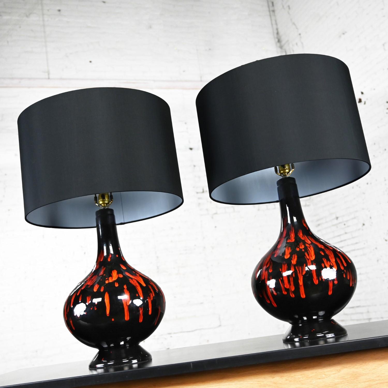 Mid-20th Century MCM Ceramic Orange & Black Glossy Drip Glaze Lamps, a Pair In Good Condition For Sale In Topeka, KS