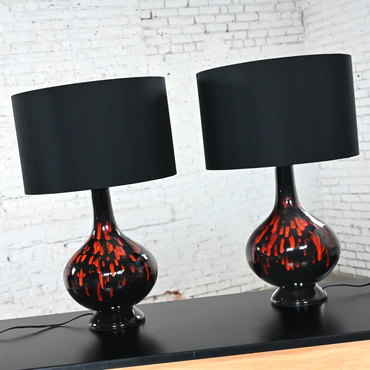 Metal Mid-20th Century MCM Ceramic Orange & Black Glossy Drip Glaze Lamps, a Pair For Sale