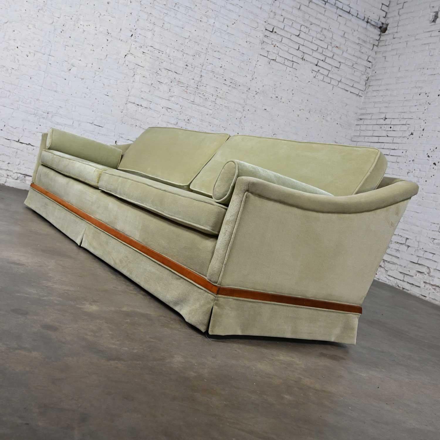 Mid-20th Century MCM Green Velvet Sloped Arm Sofa with Oval Arm Bolster Pillows 3