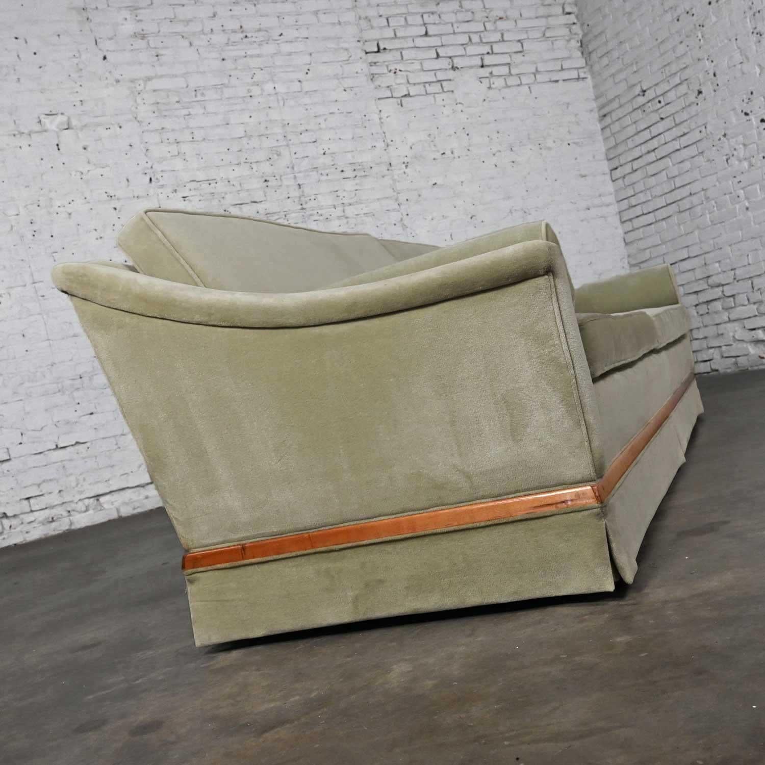 Mid-20th Century MCM Green Velvet Sloped Arm Sofa with Oval Arm Bolster Pillows 5