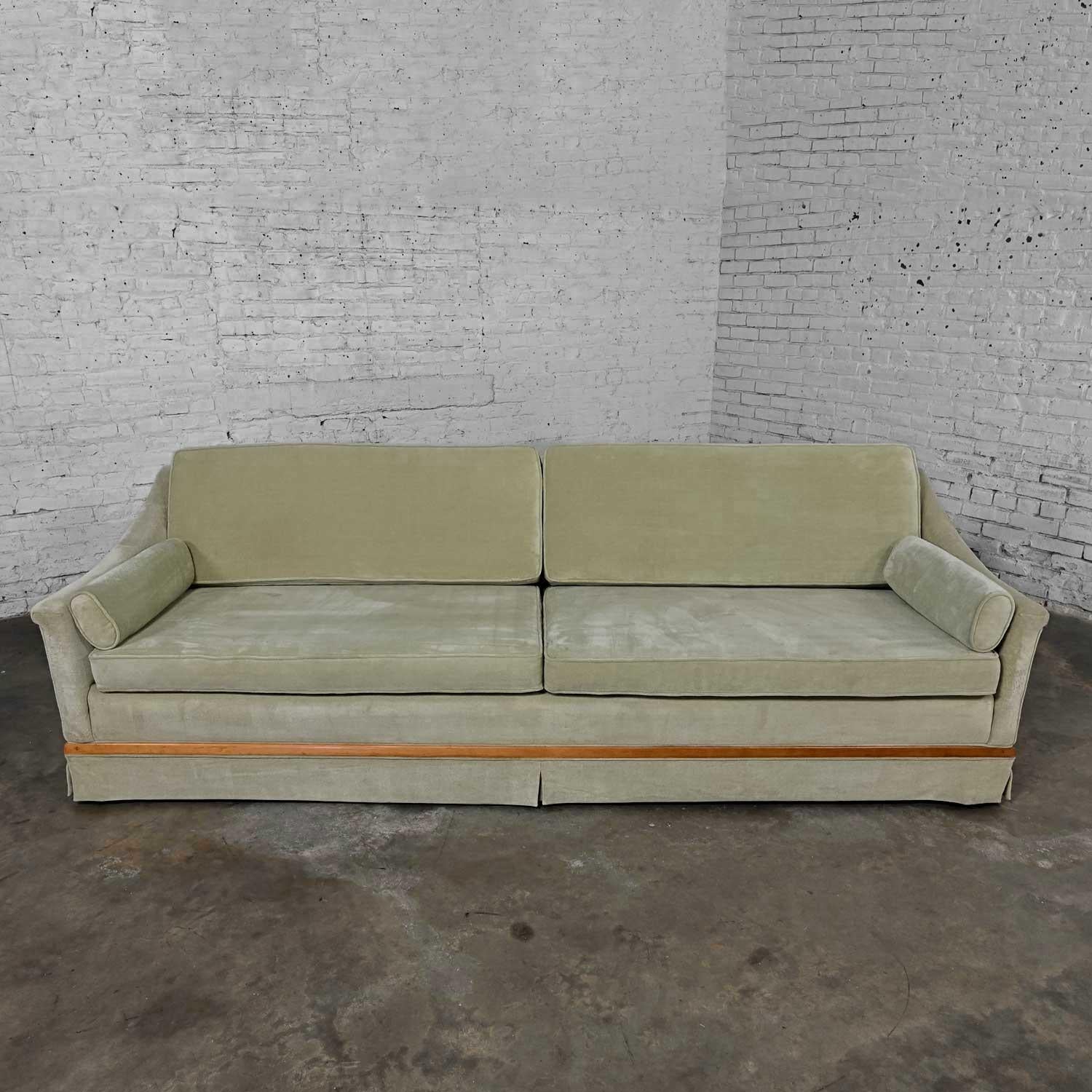 Mid-20th Century MCM Green Velvet Sloped Arm Sofa with Oval Arm Bolster Pillows 6