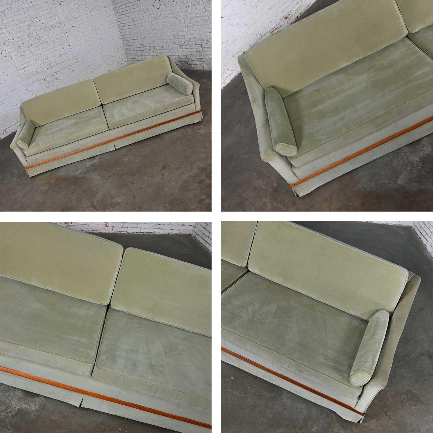 Mid-20th Century MCM Green Velvet Sloped Arm Sofa with Oval Arm Bolster Pillows 9