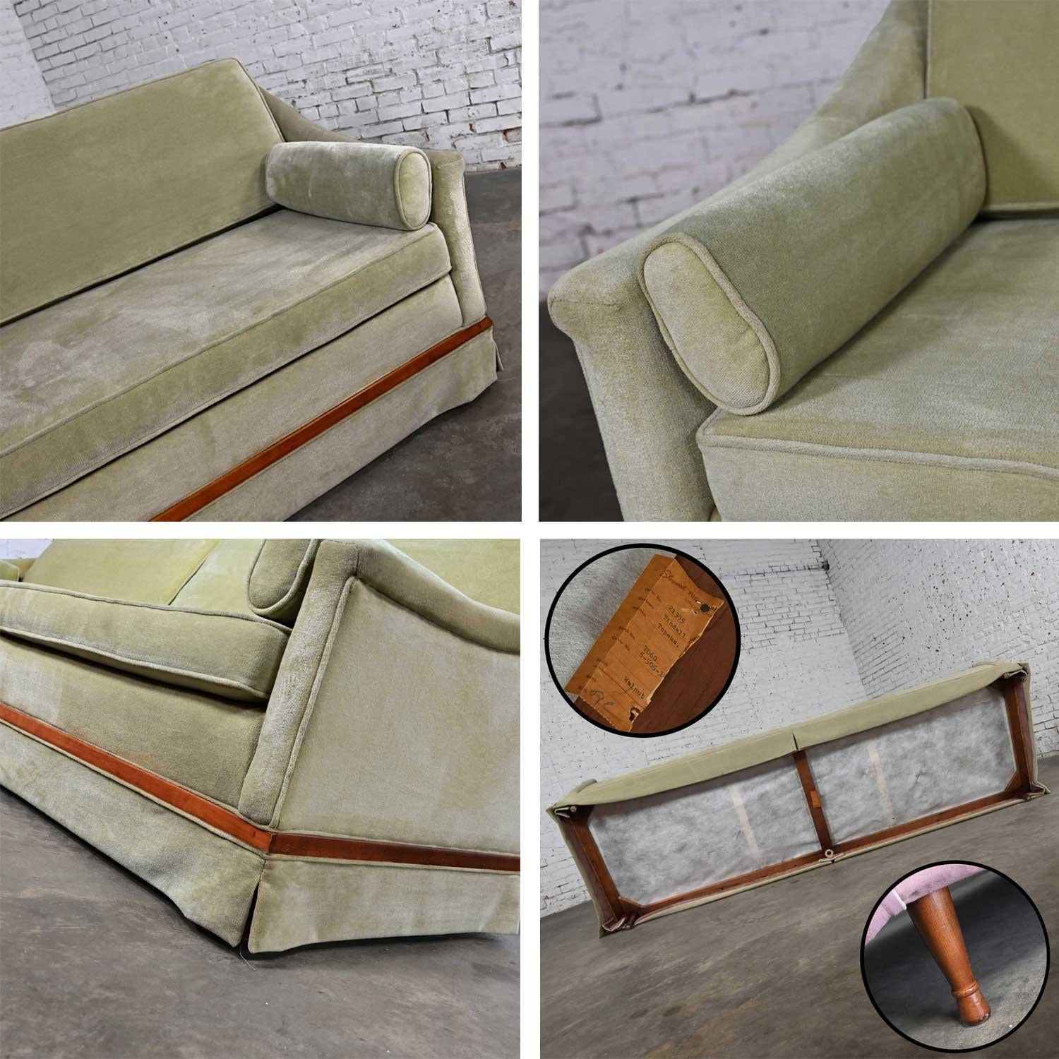 Mid-20th Century MCM Green Velvet Sloped Arm Sofa with Oval Arm Bolster Pillows 10