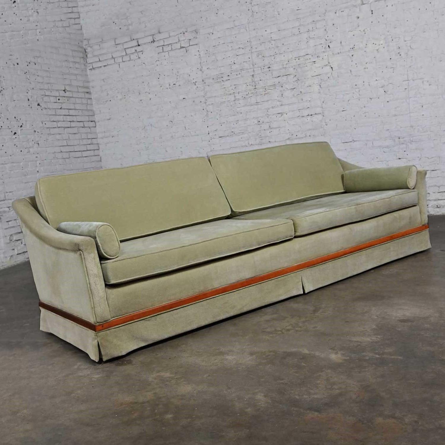 Mid-Century Modern Mid-20th Century MCM Green Velvet Sloped Arm Sofa with Oval Arm Bolster Pillows