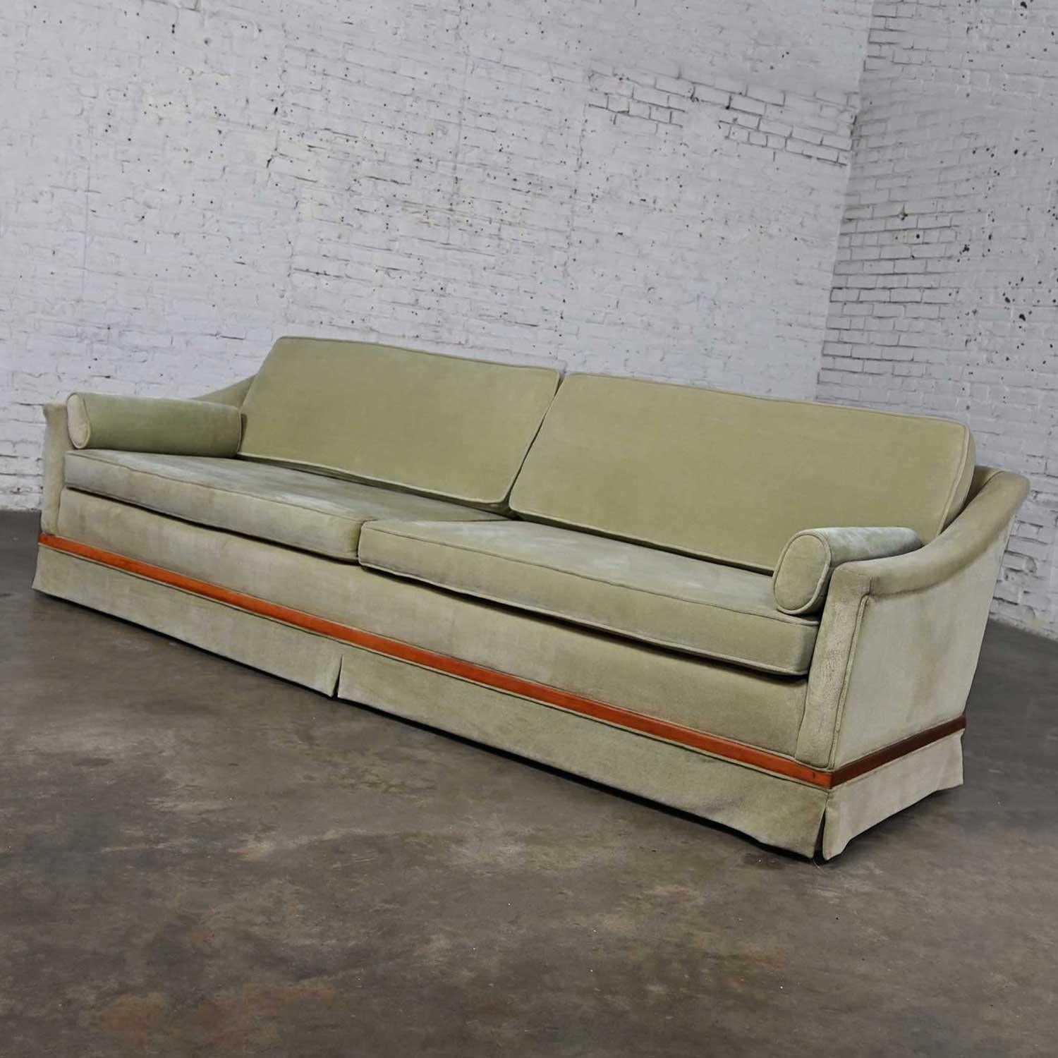 American Mid-20th Century MCM Green Velvet Sloped Arm Sofa with Oval Arm Bolster Pillows