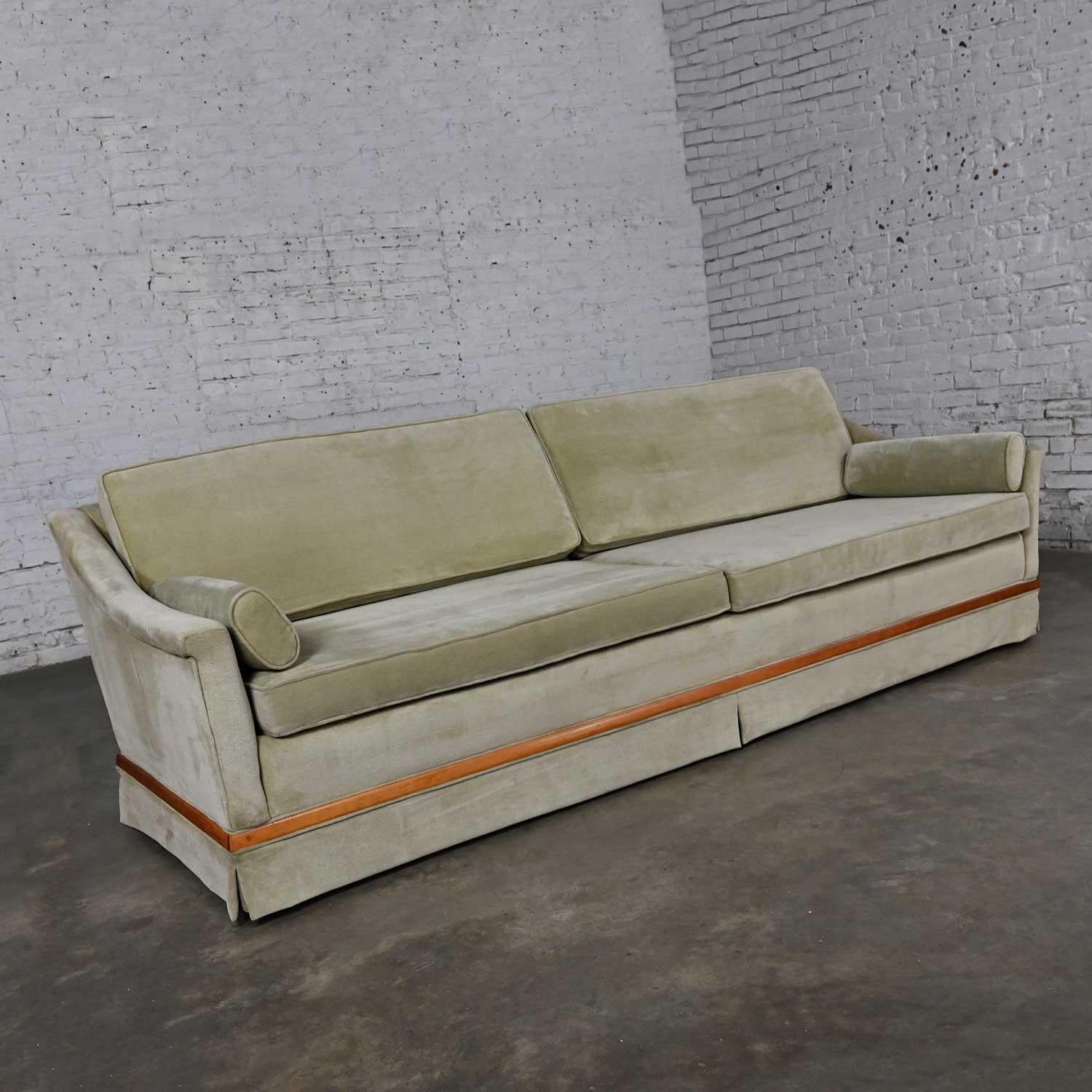 Mid-20th Century MCM Green Velvet Sloped Arm Sofa with Oval Arm Bolster Pillows In Good Condition In Topeka, KS