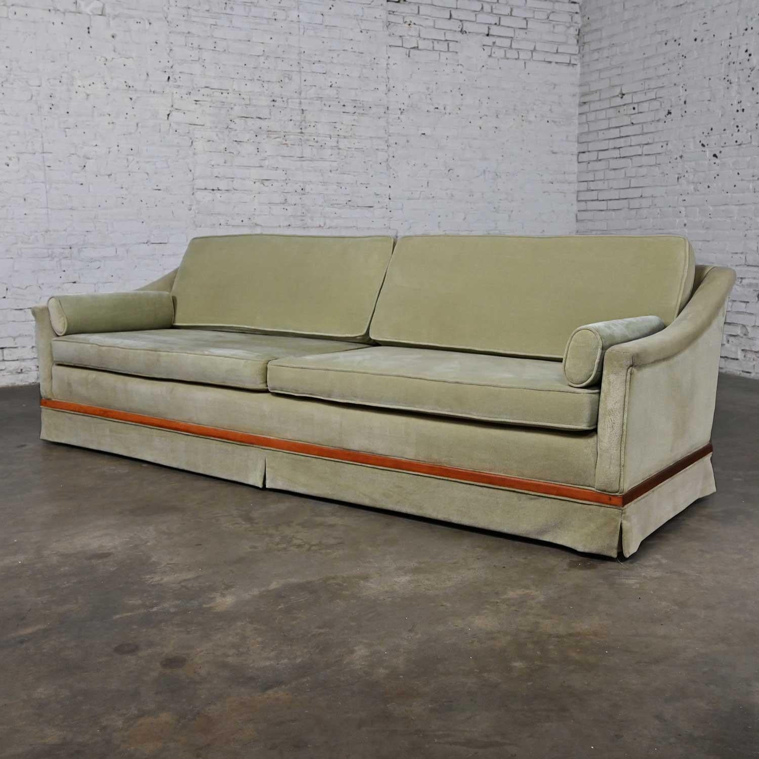 Fabric Mid-20th Century MCM Green Velvet Sloped Arm Sofa with Oval Arm Bolster Pillows
