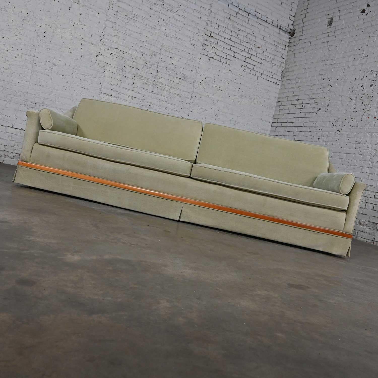 Mid-20th Century MCM Green Velvet Sloped Arm Sofa with Oval Arm Bolster Pillows 1